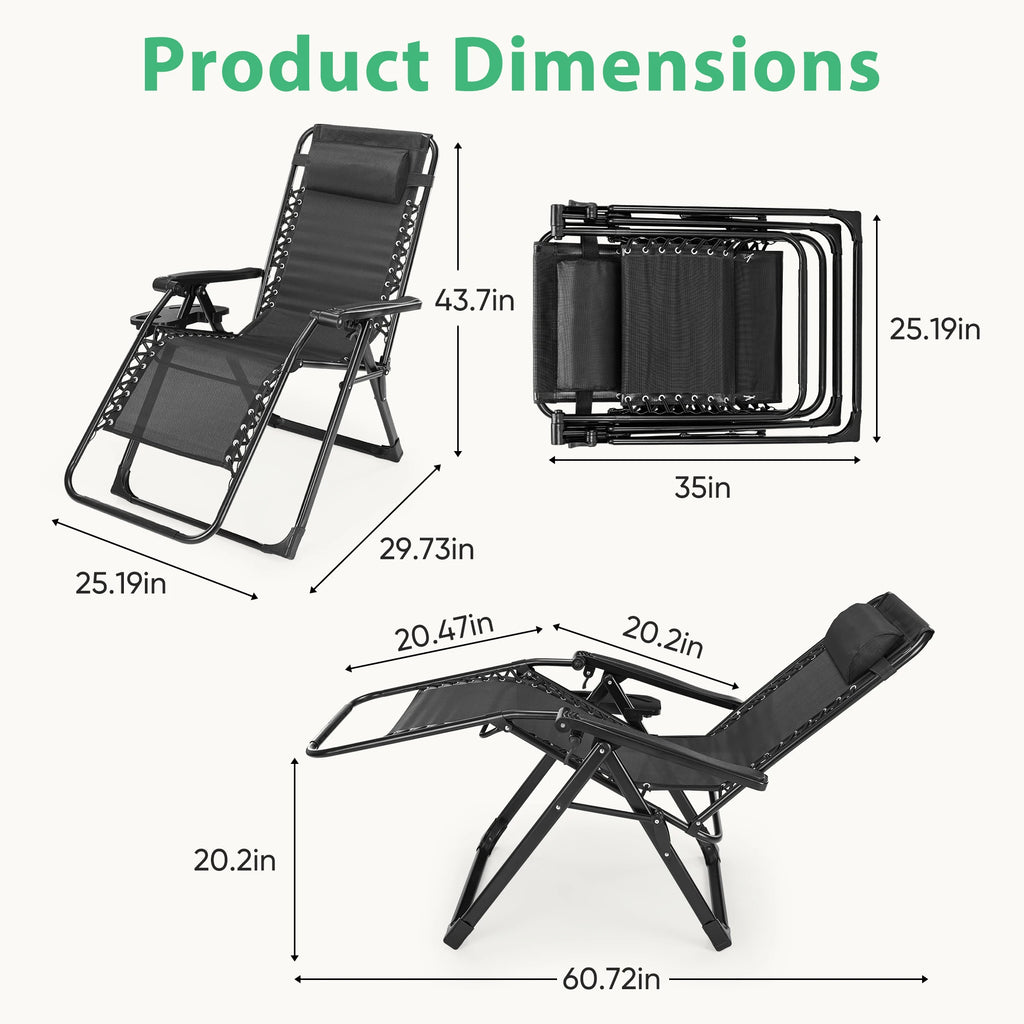 Zero Gravity Recliner Chair – Folding Portable Lounge for Camping, Patio & Outdoor Garden with Cup Holder Tray & Removable Cushion