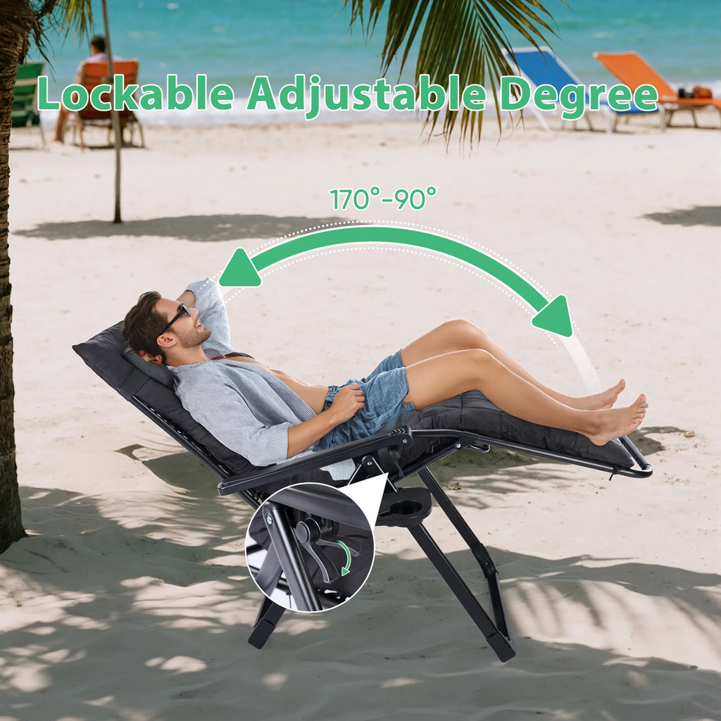 Zero Gravity Recliner Chair – Folding Portable Lounge for Camping, Patio & Outdoor Garden with Cup Holder Tray & Removable Cushion