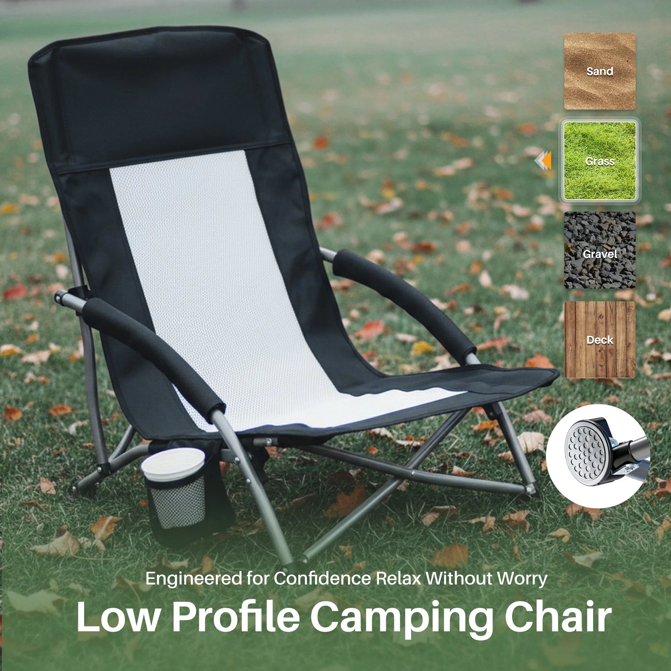 Portable Lightweight Low Camping Beach Chair Mesh Back Padded Armrests Folding Beach Chair with Cup Holder Storage Pocket for Camp Picnic Lawn