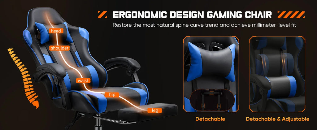 Ergonomic Racing Gaming Chair Adjustable Swivel PU Leather with Headrest and Lumbar Support For Office Computer Living Room