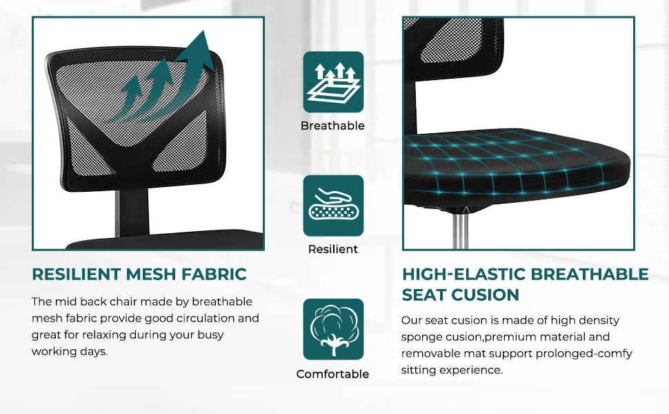 Mesh with Lumbar Support Armless Office Chair Low Back with Wheels Adjustable Height 360° Rolling Swivel Computer Chair