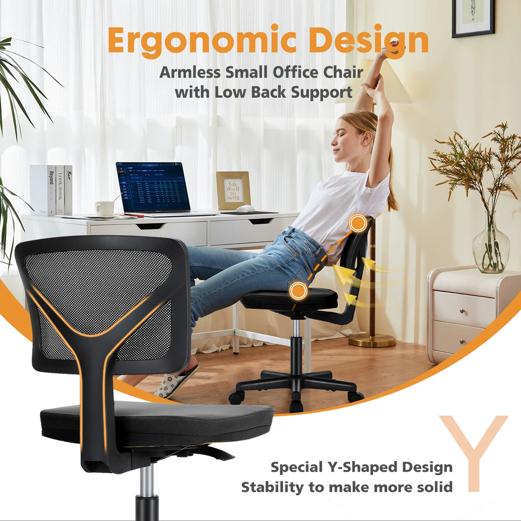 Mesh with Lumbar Support Armless Office Chair Low Back with Wheels Adjustable Height 360° Rolling Swivel Computer Chair