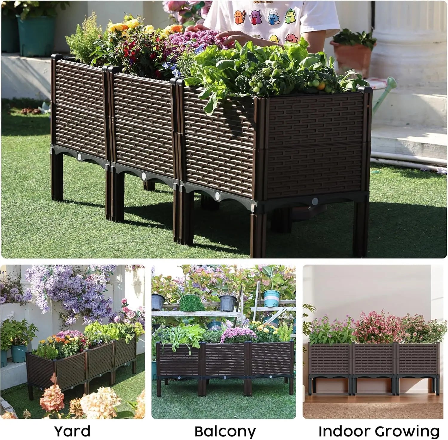 3pcs Vegetable Flower Raised Garden Container with Legs Elevated Planter Boxe withDrain Outlet for Indoor/Outdoor/Garden/Balcony