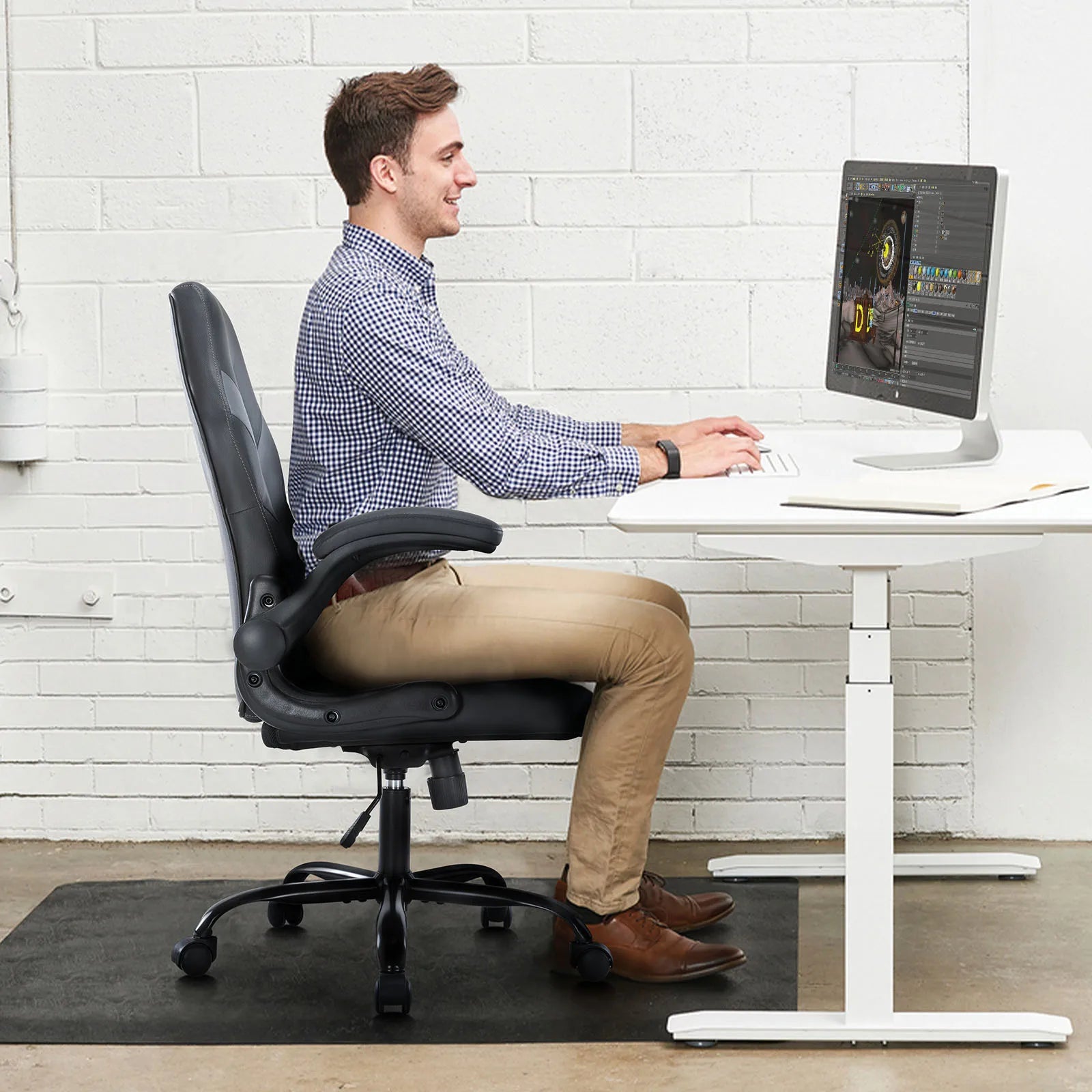 Ergonomic Office Computer Home Gaming Desk Chair Adjustable PU Leather Racing Chair Flip-up Armrest