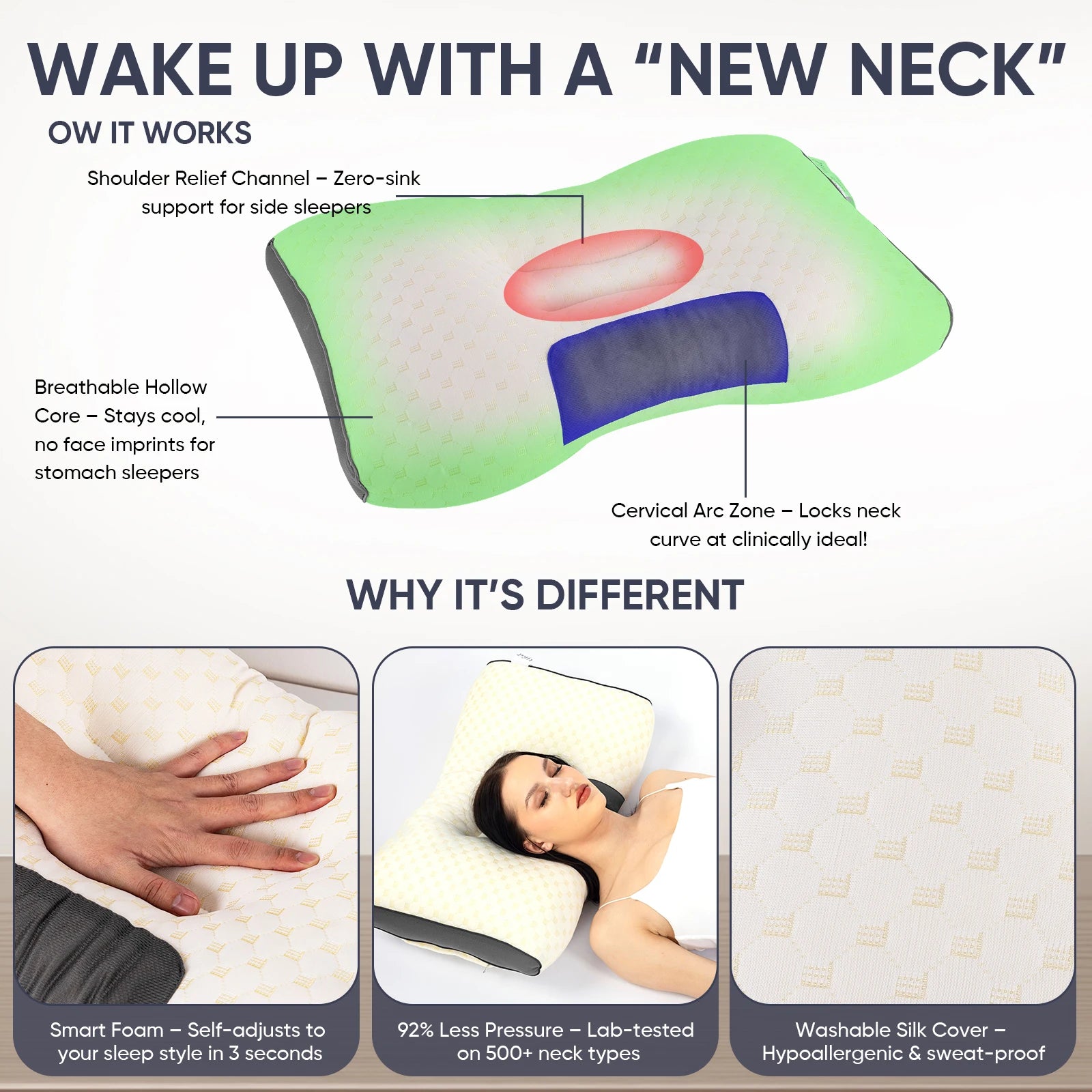 2pcs Massage Neck Pillows Adjustable Ergonomic Orthopedic Contour Support, All-Season Sleeping Comfort