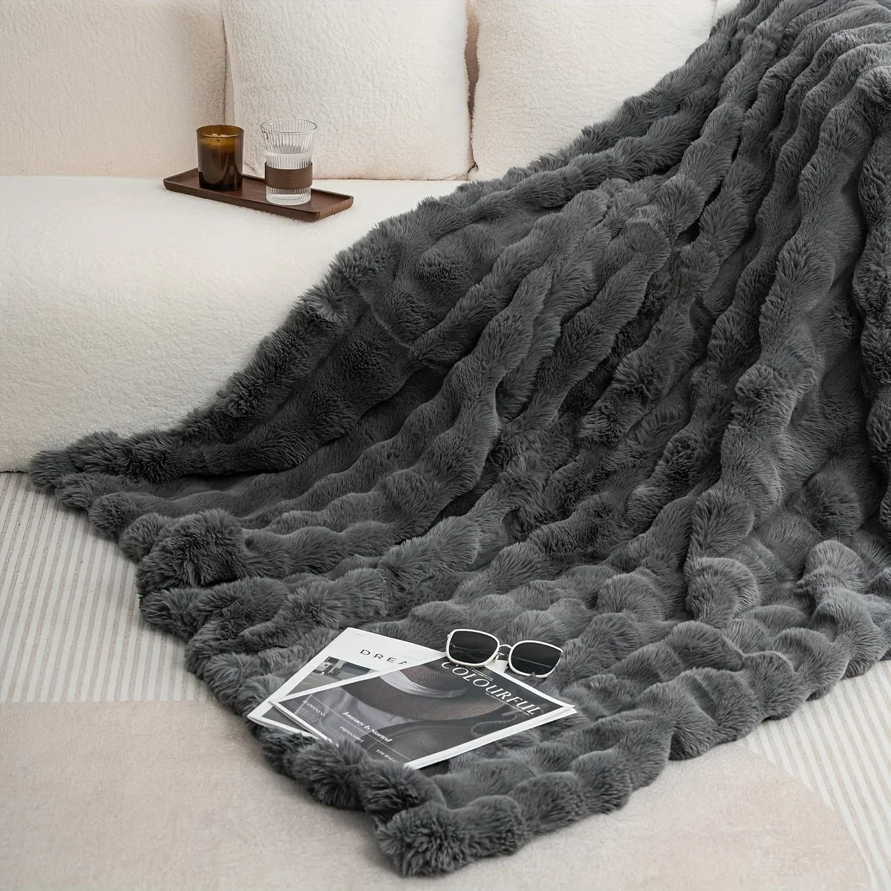 Bubble Fleece Blanket for Couch, Faux Rabbit Fur Throw Blanket, Soft Cozy Fluffy Decorative Blankets for Bed, Sofa