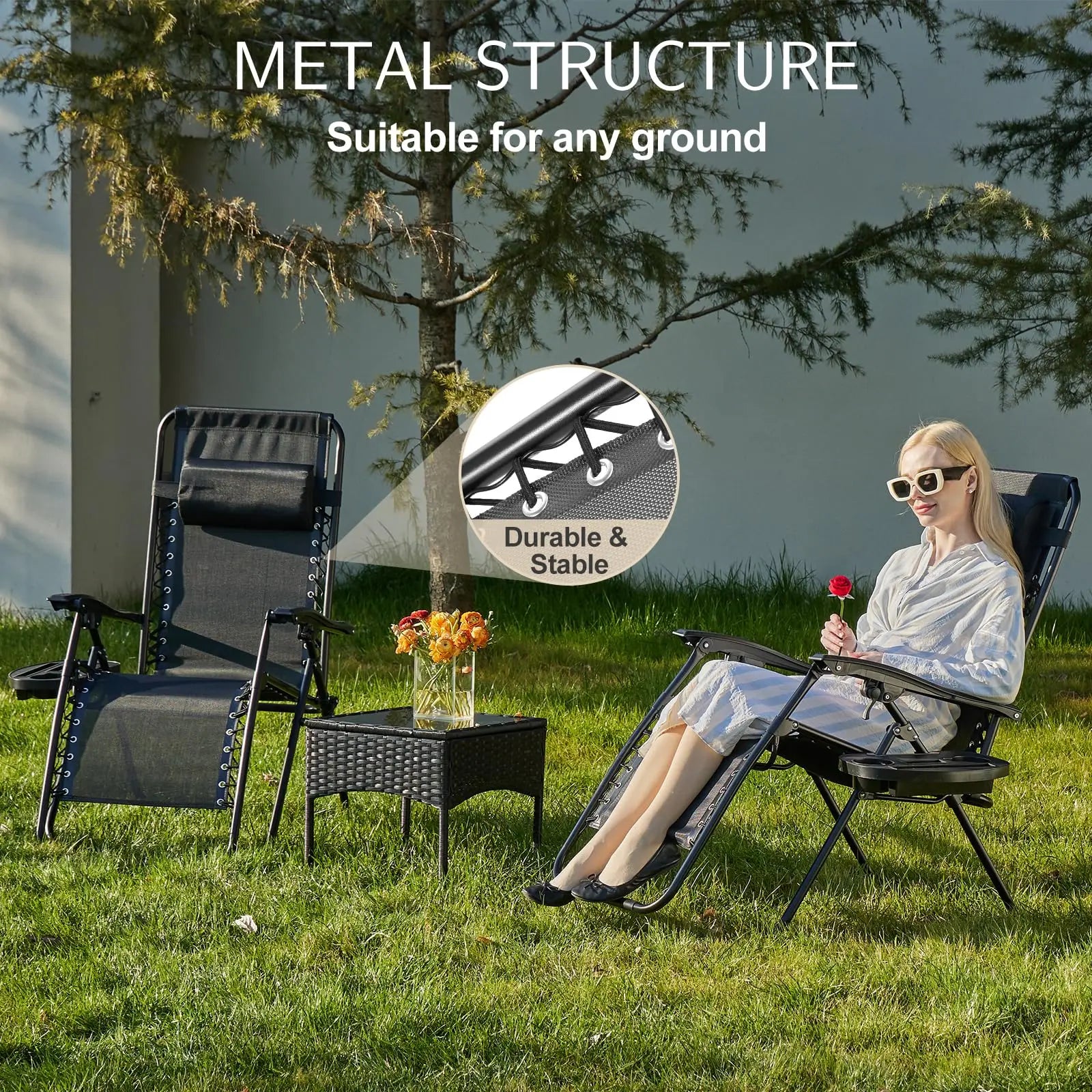 Set of 2 Zero Gravity Recliner Chair – Folding Portable Lounge for Camping, Patio & Outdoor Garden with Cup Holder Tray & Removable Cushion