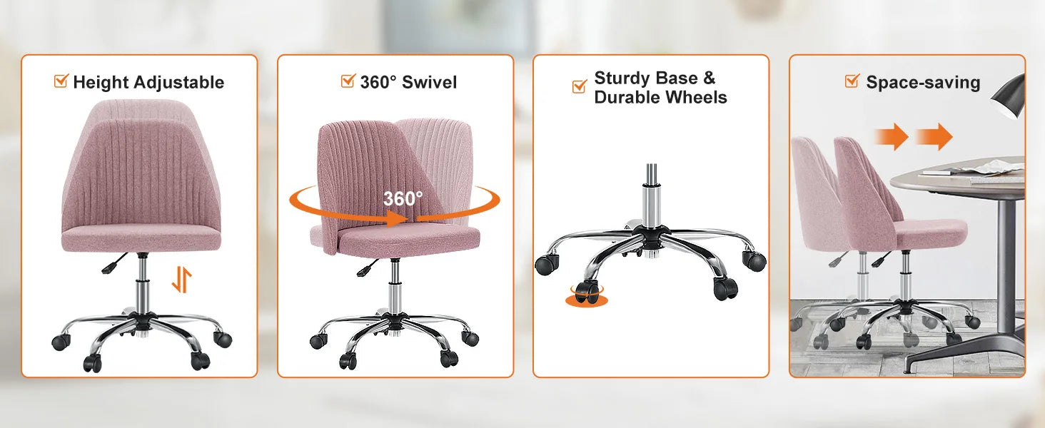 Armless Small Desk Office Chair Cute Vanity Swivel Chair with Back Modern Fabric with Wheels Swivel Task Home Gaming Chair