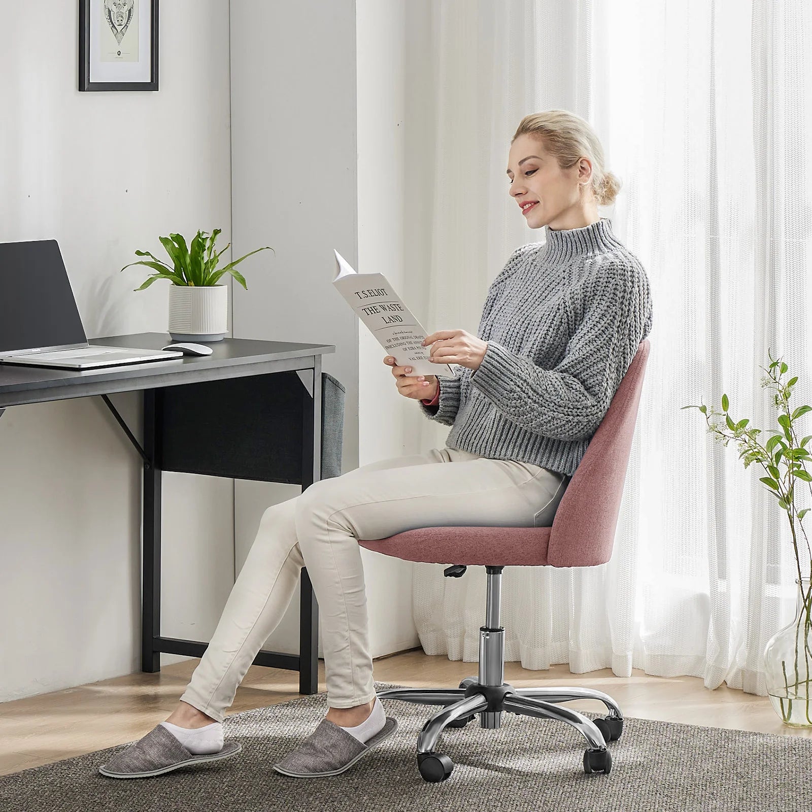 Armless Small Desk Office Chair Cute Vanity Swivel Chair with Back Modern Fabric with Wheels Swivel Task Home Gaming Chair