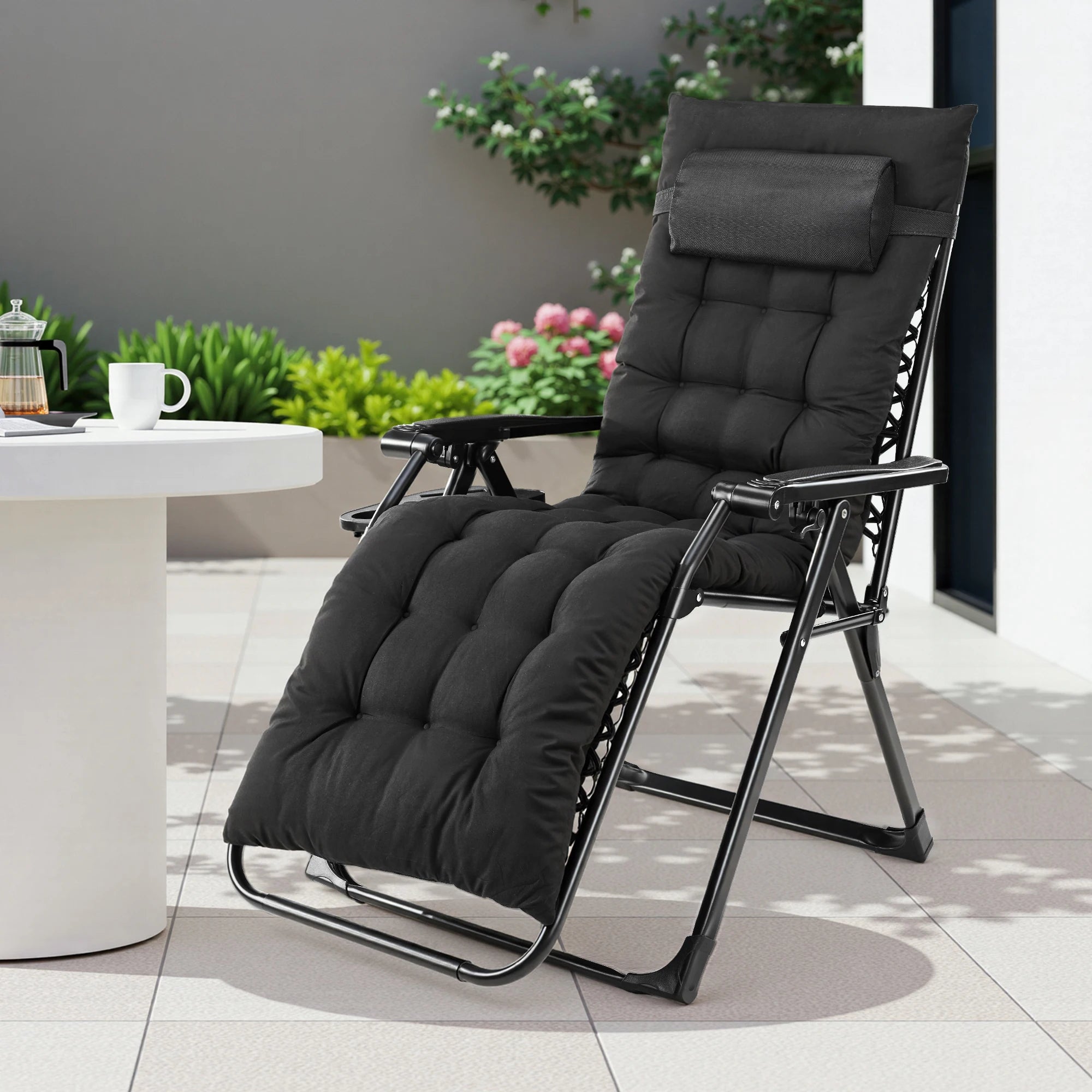 Zero Gravity Recliner Chair – Folding Portable Lounge for Camping, Patio & Outdoor Garden with Cup Holder Tray & Removable Cushion