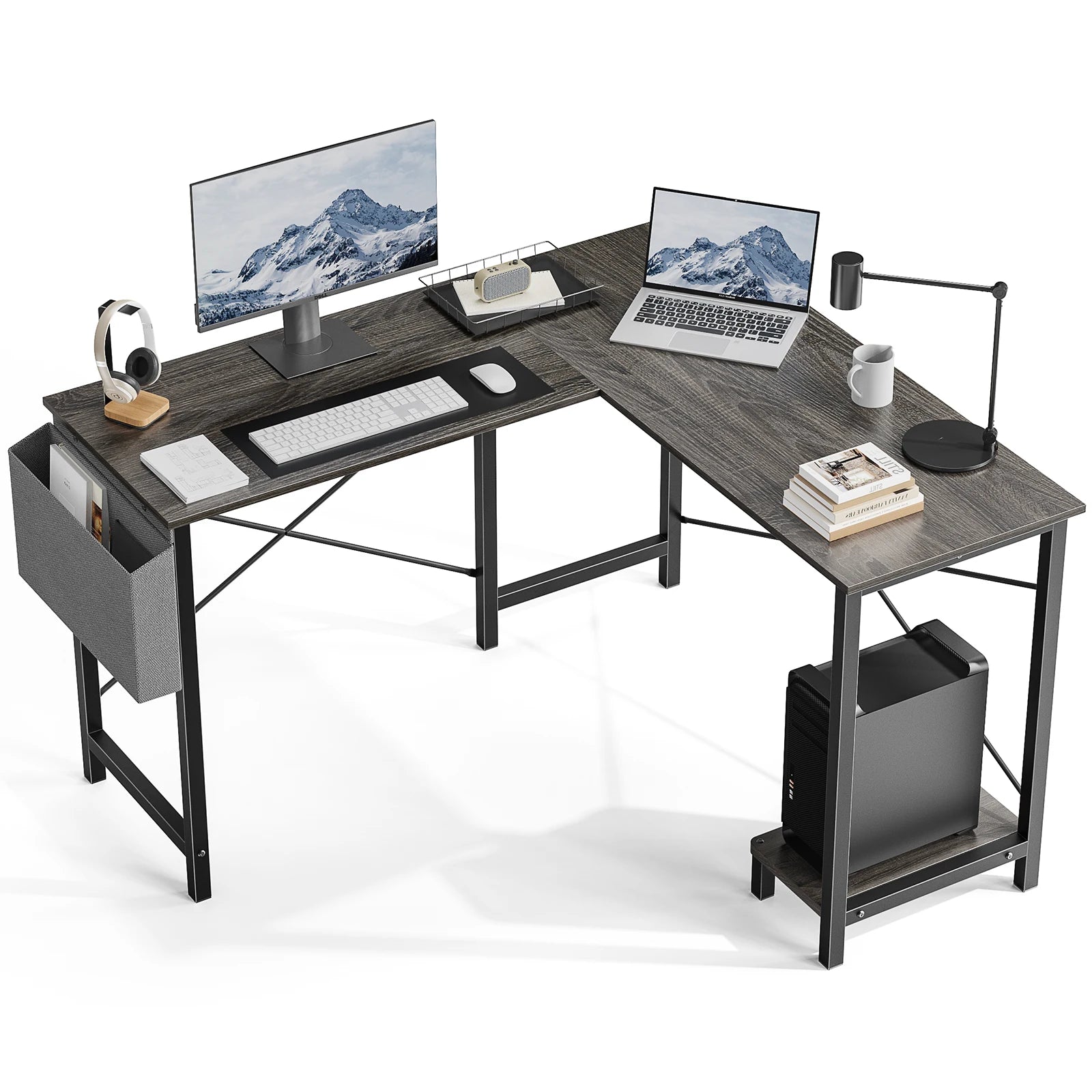 Gaming Corner 50 Inch Office Writing PC Wooden Table with CPU Storage Shelf & Side Bag for Home Office Bedroom