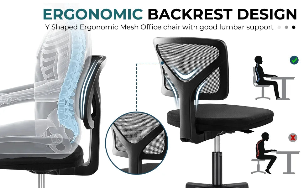 Mesh with Lumbar Support Armless Office Chair Low Back with Wheels Adjustable Height 360° Rolling Swivel Computer Chair