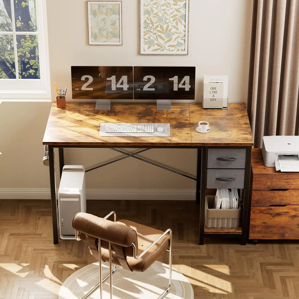 47IN Computer Desk with 2 Drawers For Study Office Gaming Wood Table with Adjustable Position Drawers Modern Work Table