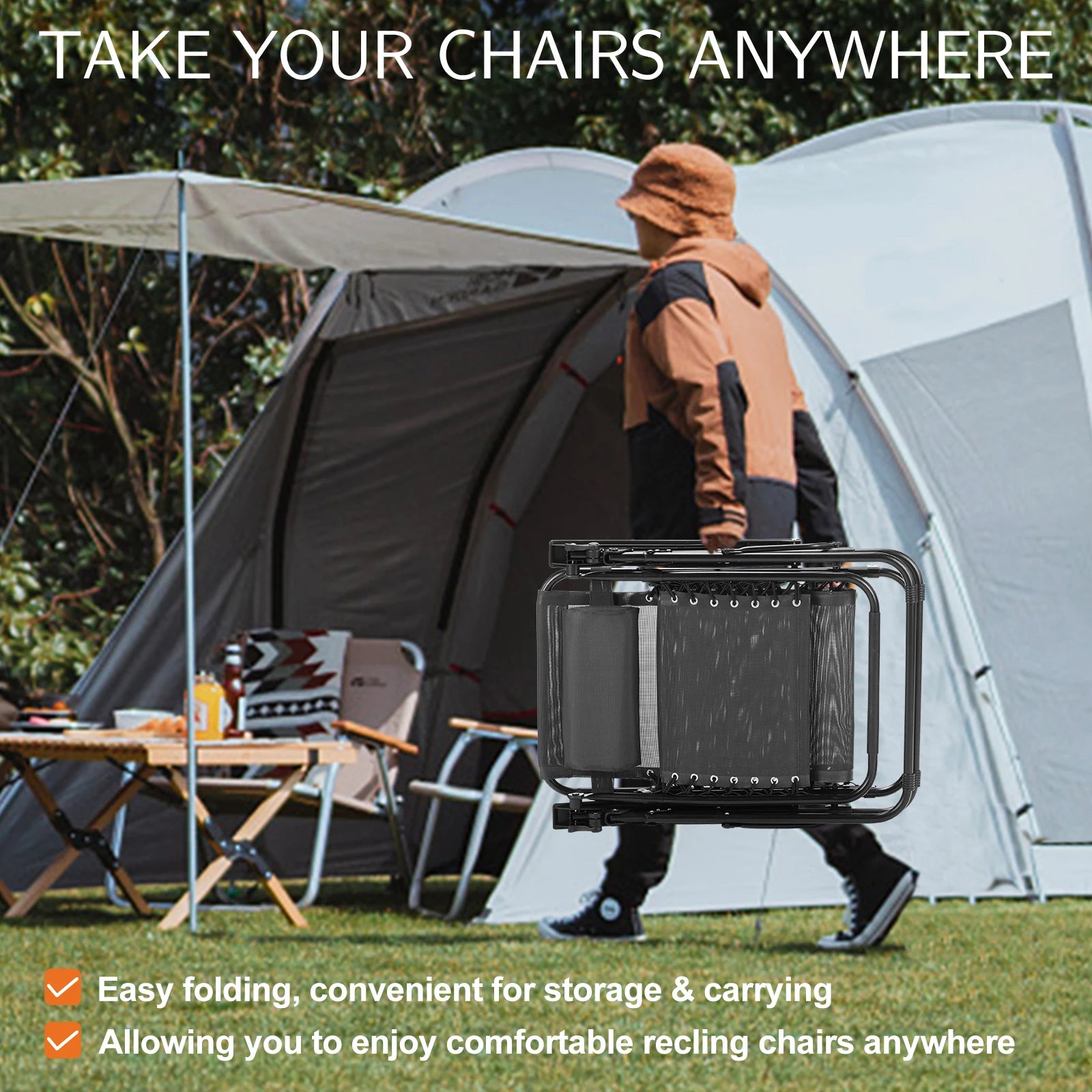 Set of 2 Zero Gravity Recliner Chair – Folding Portable Lounge for Camping, Patio & Outdoor Garden with Cup Holder Tray & Removable Cushion