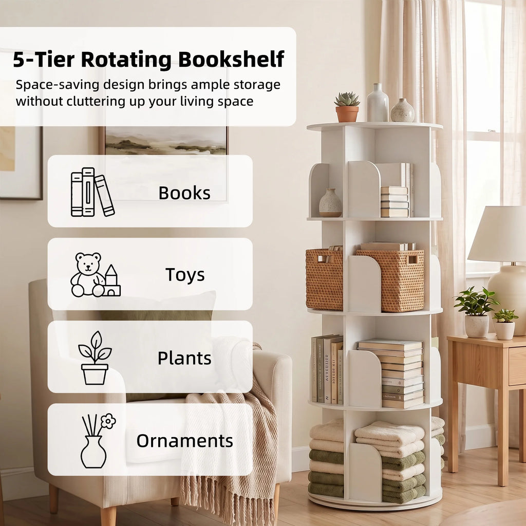 JHK 3-4 Tier Rotating Storage Bookshelf 360° Display Revolving Bookcase  Freestanding Vertical Corner Book Shelf for Bedroom Living Room