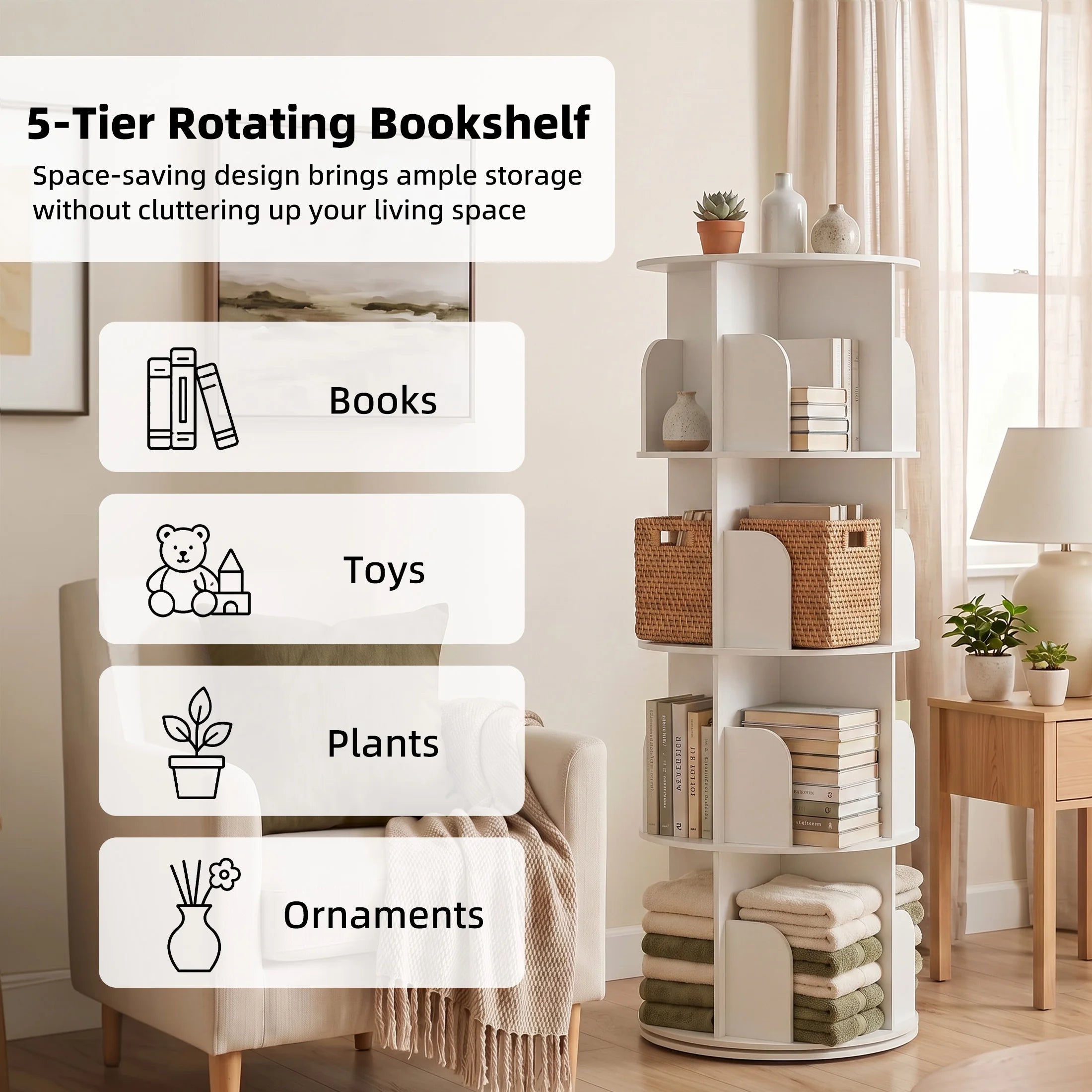 JHK 3-4 Tier Rotating Storage Bookshelf 360° Display Revolving Bookcase  Freestanding Vertical Corner Book Shelf for Bedroom Living Room