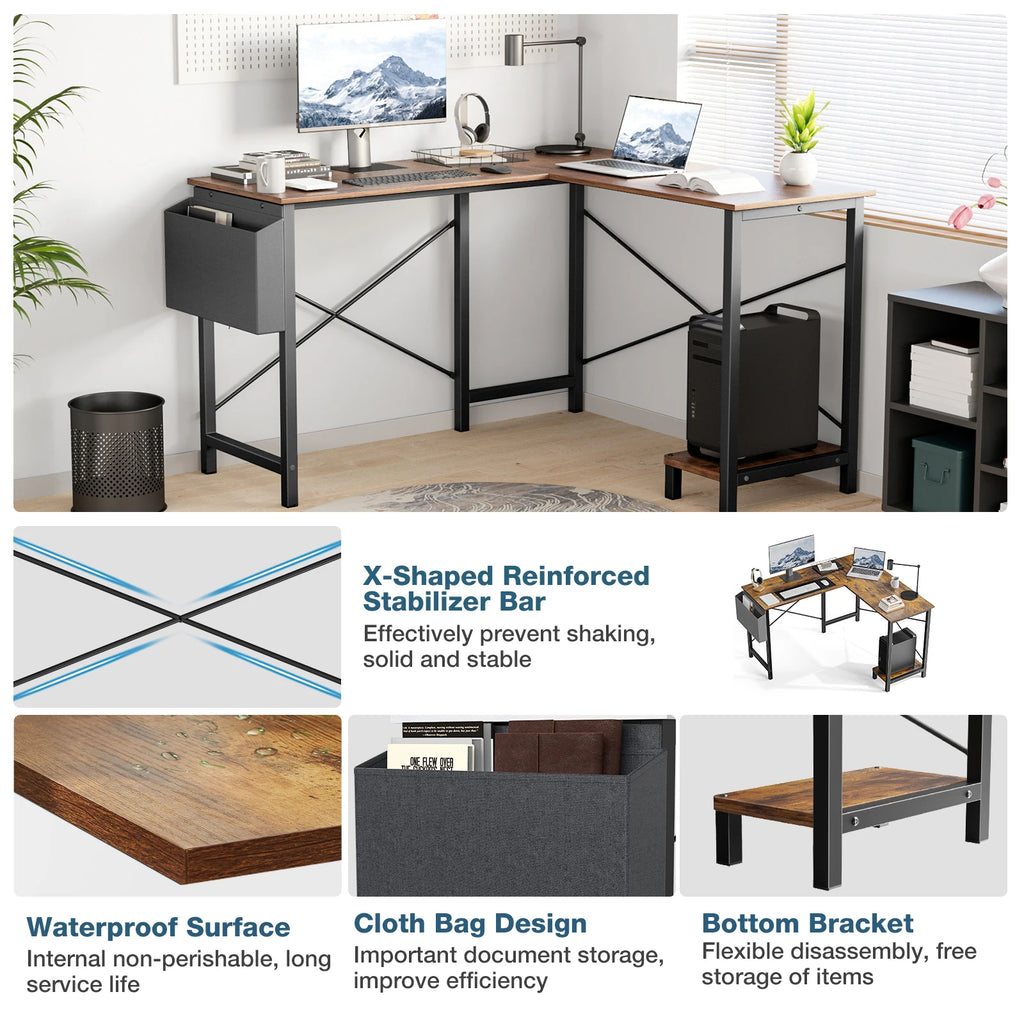 Gaming Corner 50 Inch Office Writing PC Wooden Table with CPU Storage Shelf & Side Bag for Home Office Bedroom
