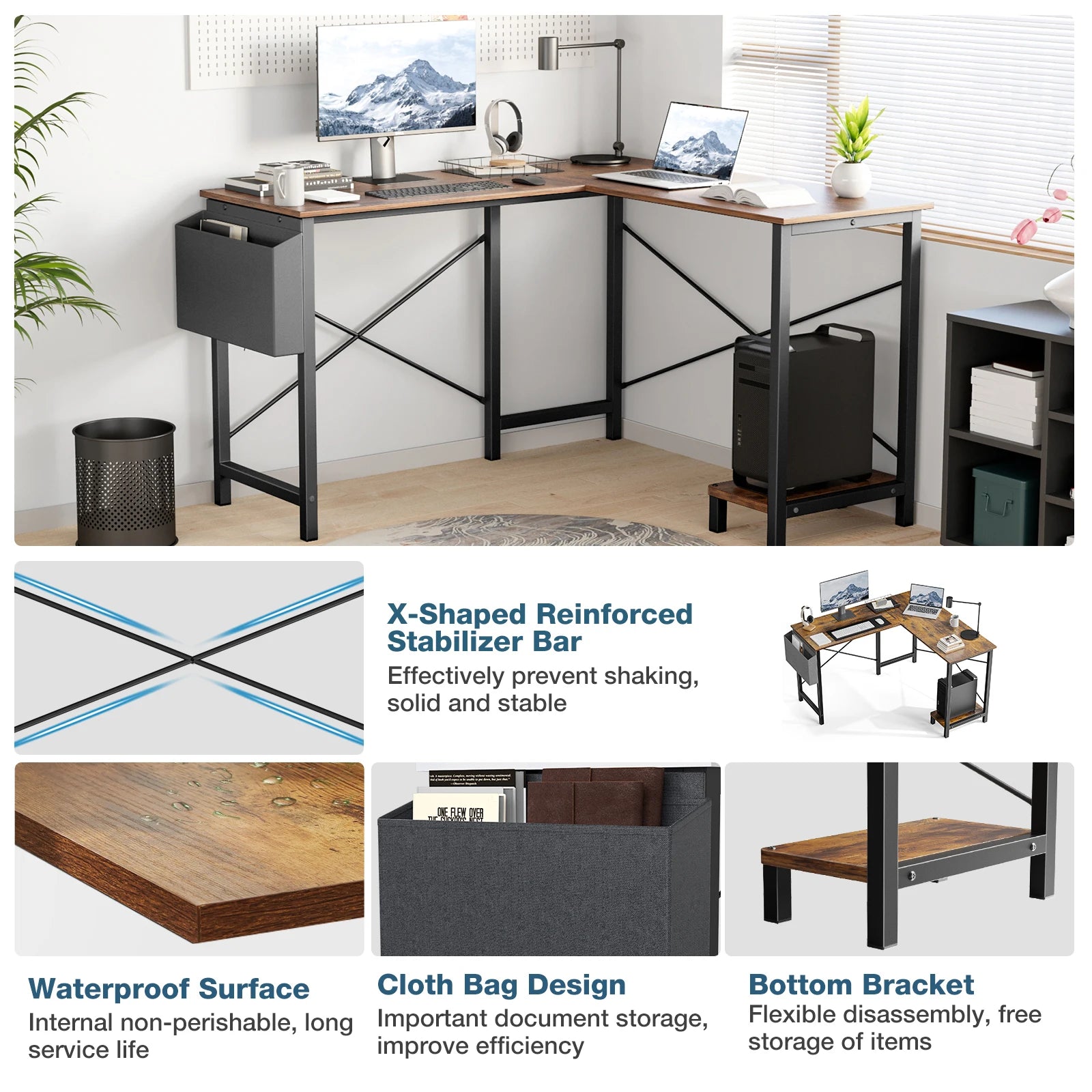 Gaming Corner 50 Inch Office Writing PC Wooden Table with CPU Storage Shelf & Side Bag for Home Office Bedroom
