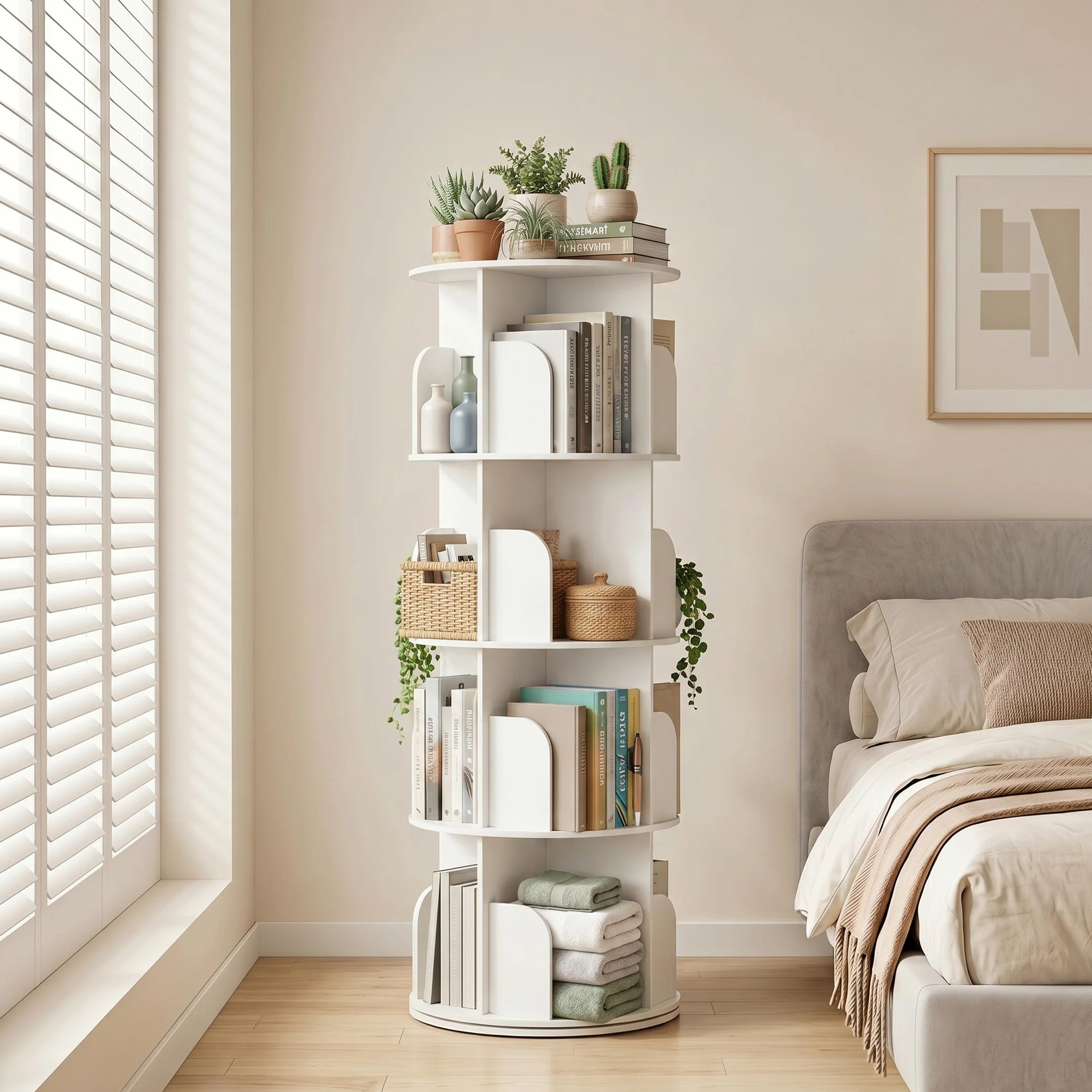 JHK 3-4 Tier Rotating Storage Bookshelf 360° Display Revolving Bookcase  Freestanding Vertical Corner Book Shelf for Bedroom Living Room