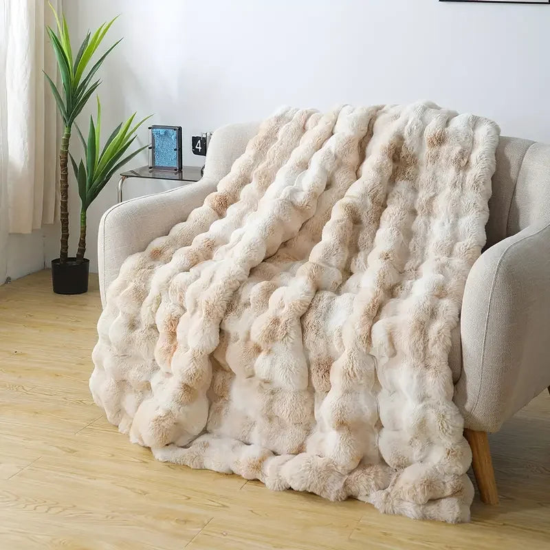 Bubble Fleece Blanket for Couch, Faux Rabbit Fur Throw Blanket, Soft Cozy Fluffy Decorative Blankets for Bed, Sofa