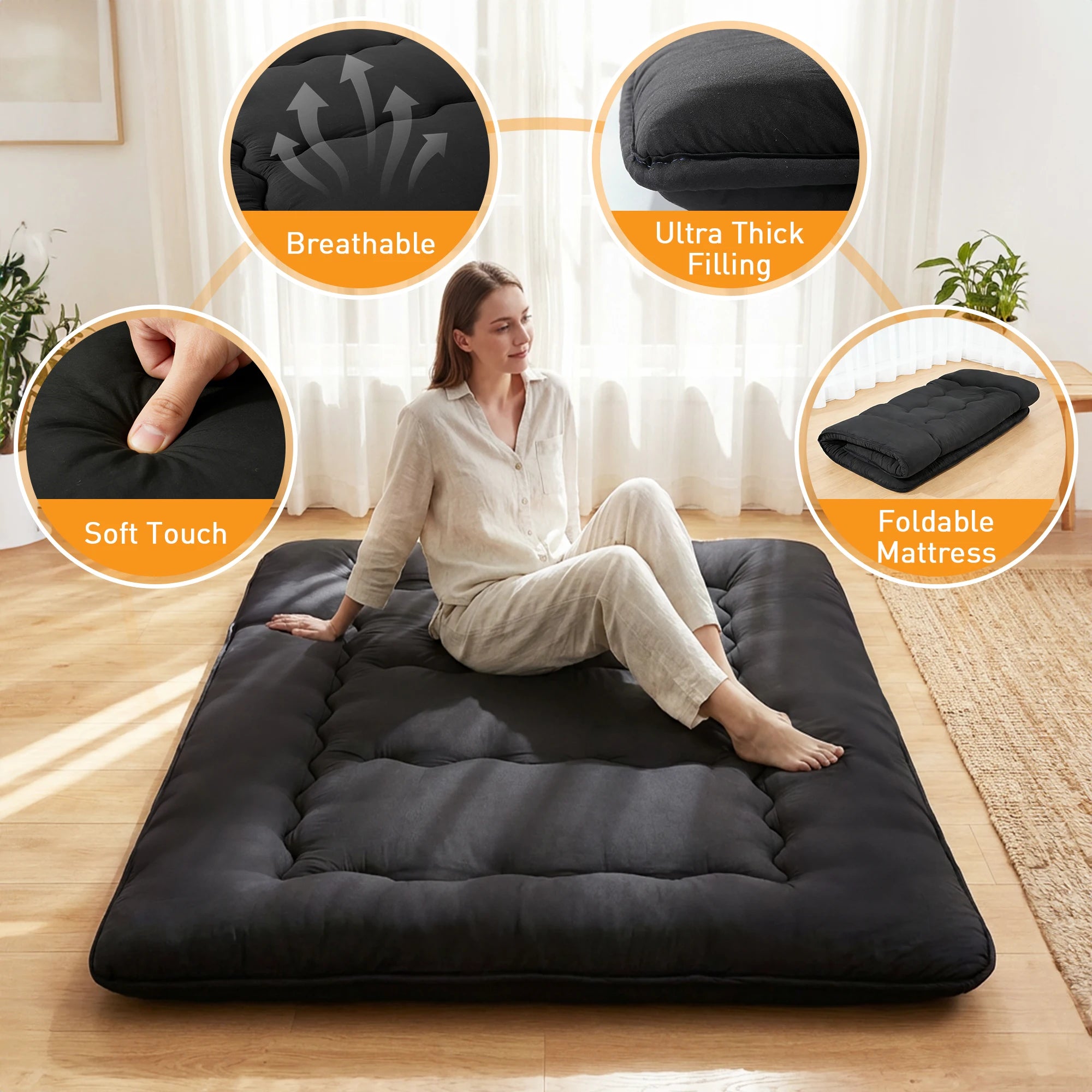 4 Inch Foldable Mattress Twin/Full/Queen - Soft Japanese Futon Floor Bed, Portable Roll Up Mattress with Washable Cover