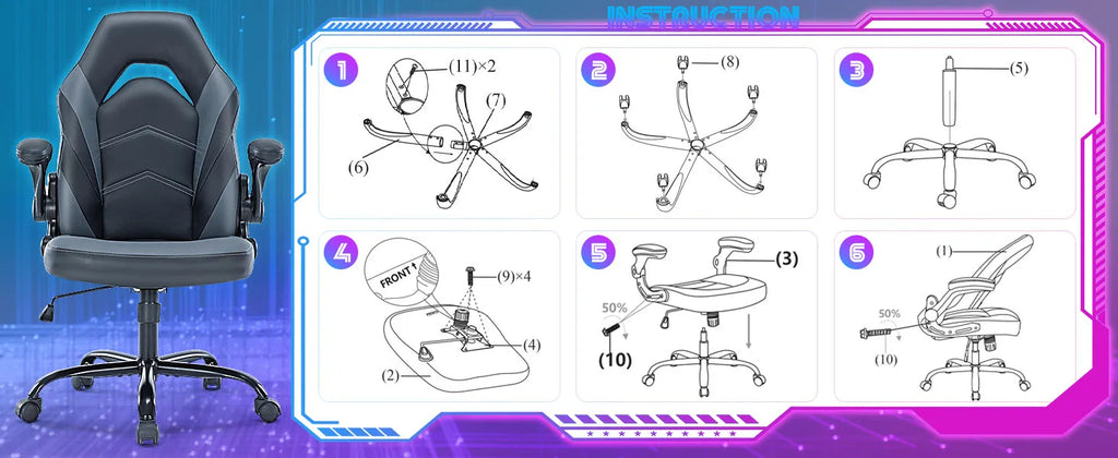 Ergonomic Office Computer Home Gaming Desk Chair Adjustable PU Leather Racing Chair Flip-up Armrest