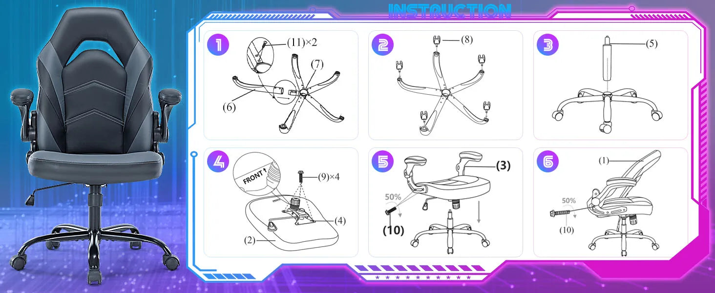 Ergonomic Office Computer Home Gaming Desk Chair Adjustable PU Leather Racing Chair Flip-up Armrest