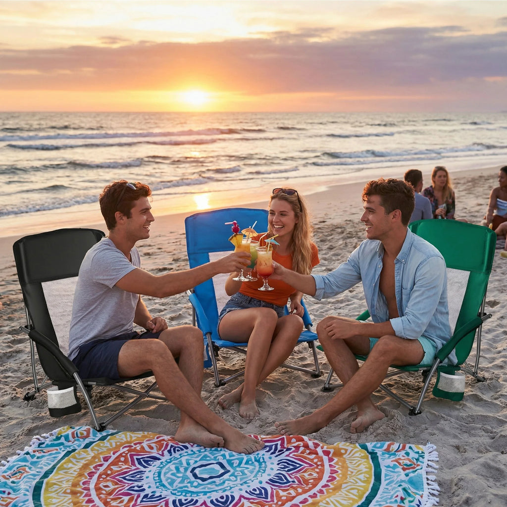 Portable Lightweight Low Camping Beach Chair Mesh Back Padded Armrests Folding Beach Chair with Cup Holder Storage Pocket for Camp Picnic Lawn