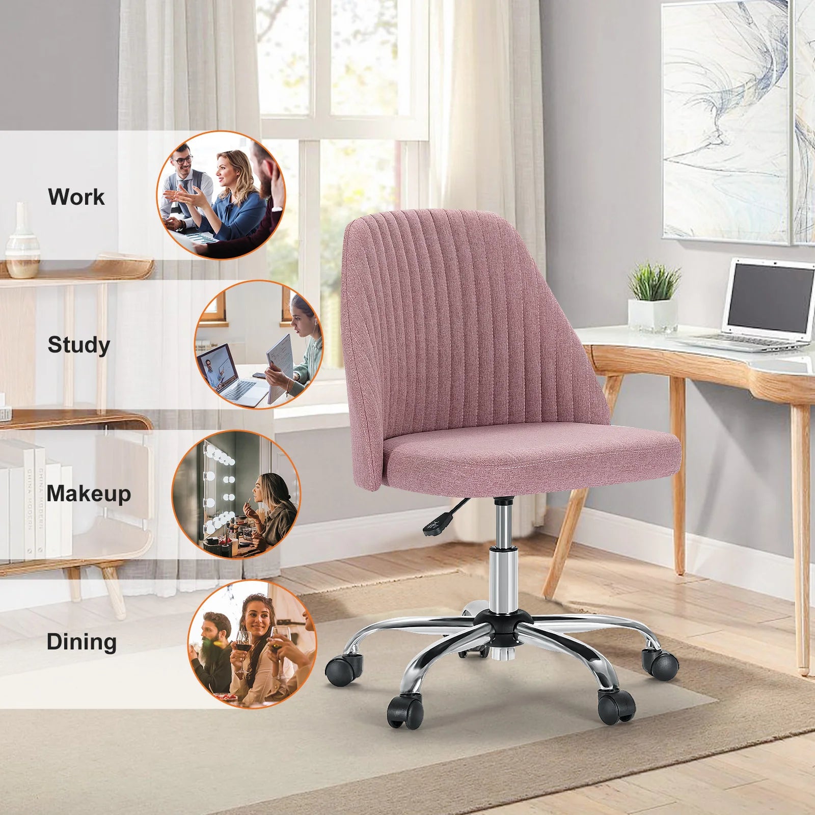 Armless Small Desk Office Chair Cute Vanity Swivel Chair with Back Modern Fabric with Wheels Swivel Task Home Gaming Chair
