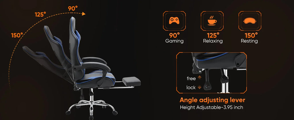 Ergonomic Racing Gaming Chair Adjustable Swivel PU Leather with Headrest and Lumbar Support For Office Computer Living Room