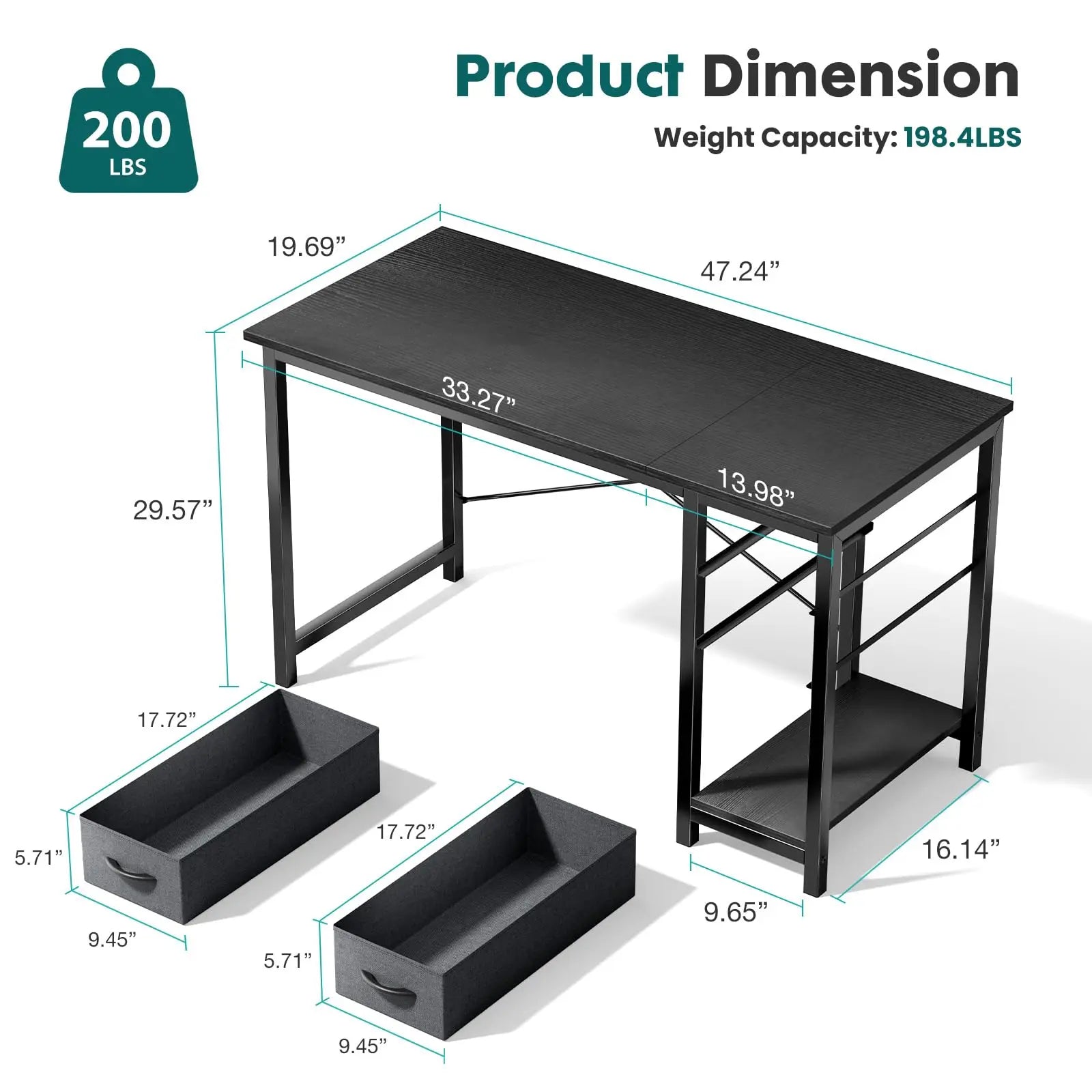 47IN Computer Desk with 2 Drawers For Study Office Gaming Wood Table with Adjustable Position Drawers Modern Work Table