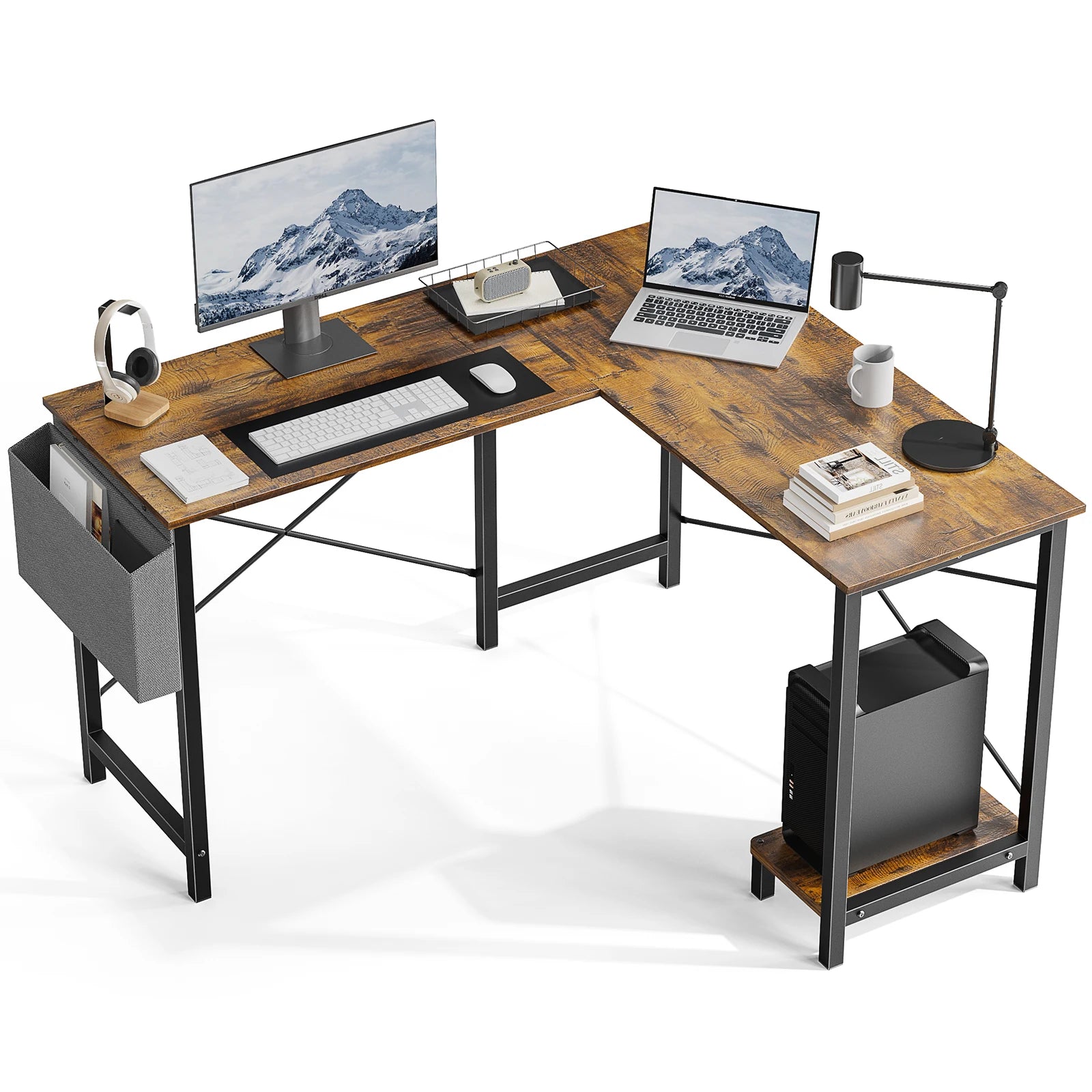 Gaming Corner 50 Inch Office Writing PC Wooden Table with CPU Storage Shelf & Side Bag for Home Office Bedroom