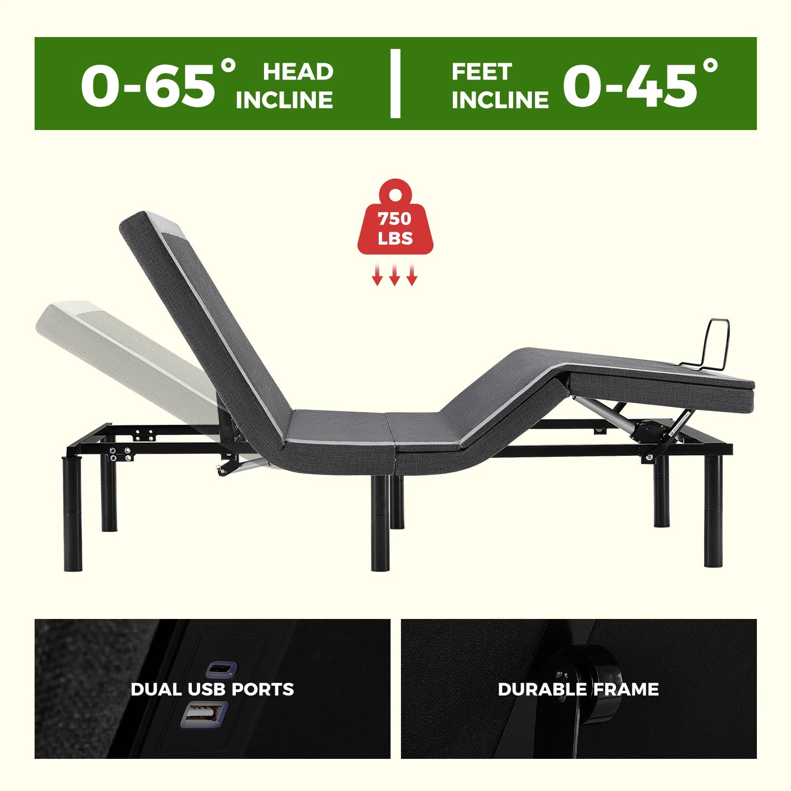 JHK Electric Queen Size Bed Ergonomic Adjustable Bed Frame with Wireless Remote Zero Gravity Bed with 2 USB Ports For Bed Room