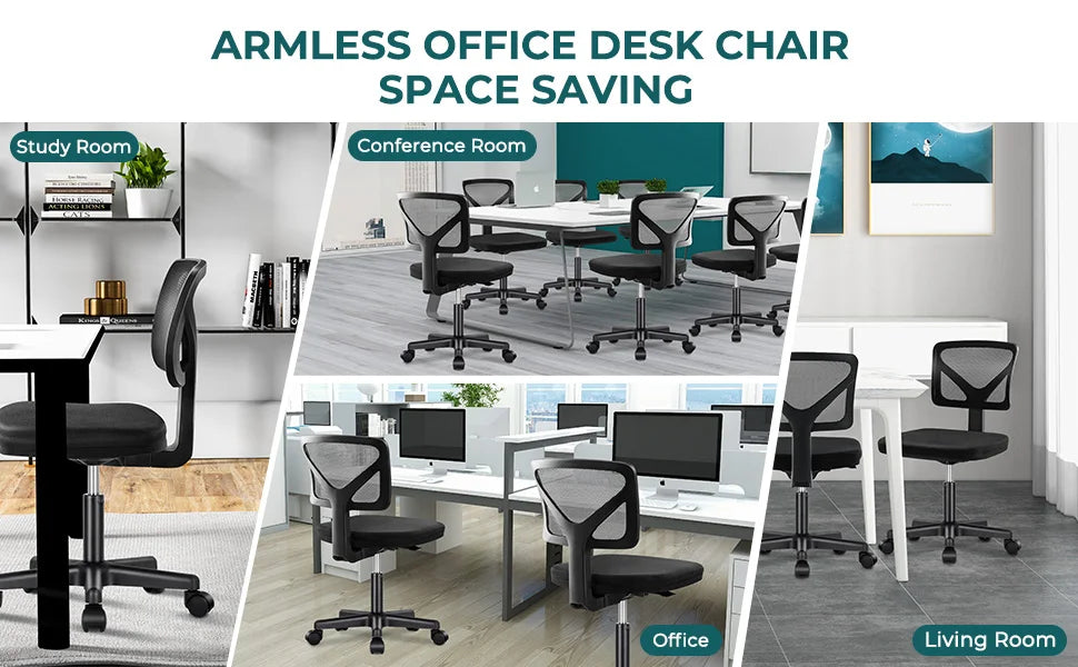 Mesh with Lumbar Support Armless Office Chair Low Back with Wheels Adjustable Height 360° Rolling Swivel Computer Chair