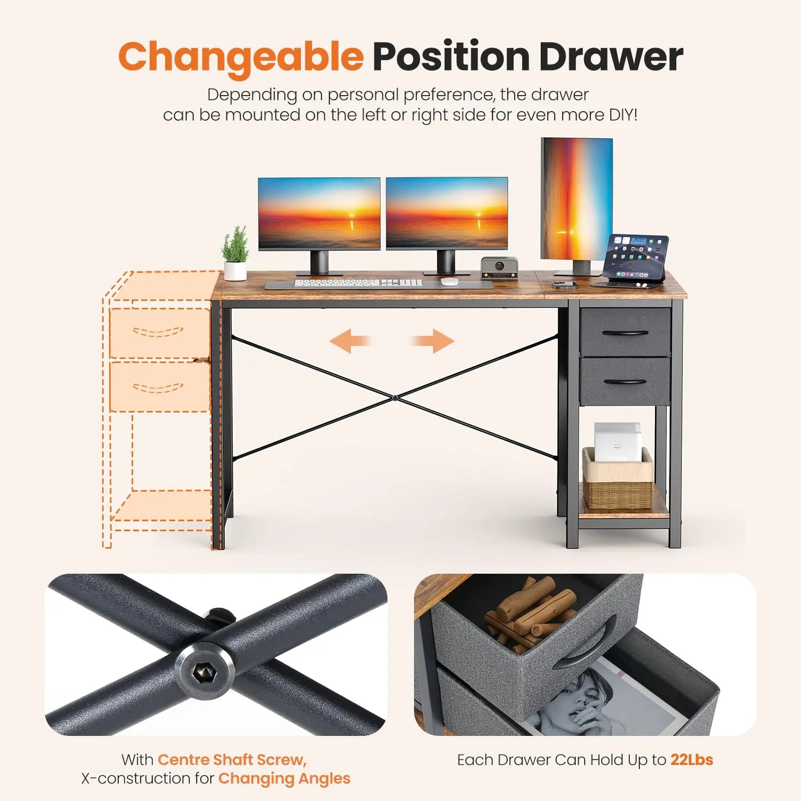 47IN Computer Desk with 2 Drawers For Study Office Gaming Wood Table with Adjustable Position Drawers Modern Work Table