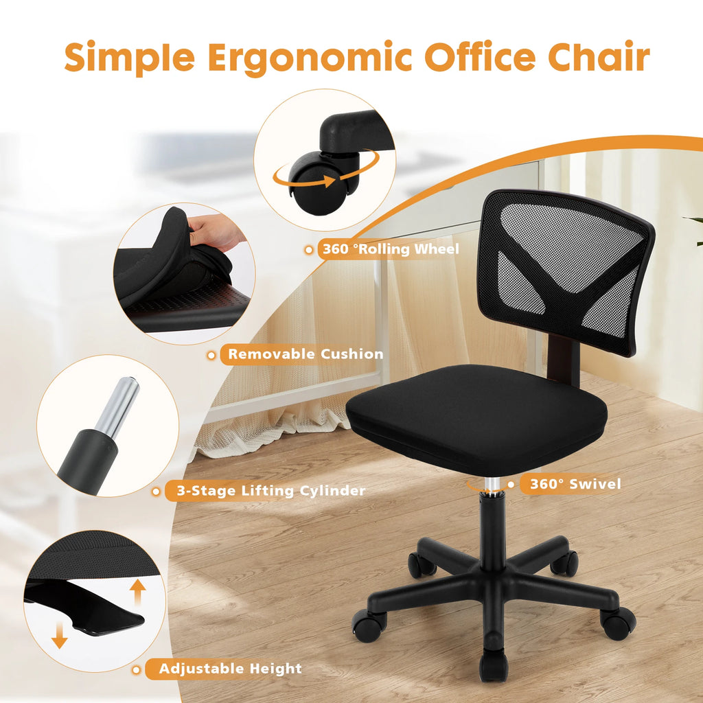 Mesh with Lumbar Support Armless Office Chair Low Back with Wheels Adjustable Height 360° Rolling Swivel Computer Chair