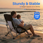 Portable Lightweight Low Camping Beach Chair Mesh Back Padded Armrests Folding Beach Chair with Cup Holder Storage Pocket for Camp Picnic Lawn