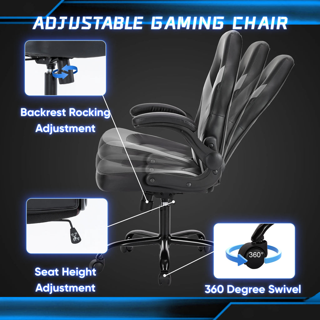 Ergonomic Office Computer Home Gaming Desk Chair Adjustable PU Leather Racing Chair Flip-up Armrest