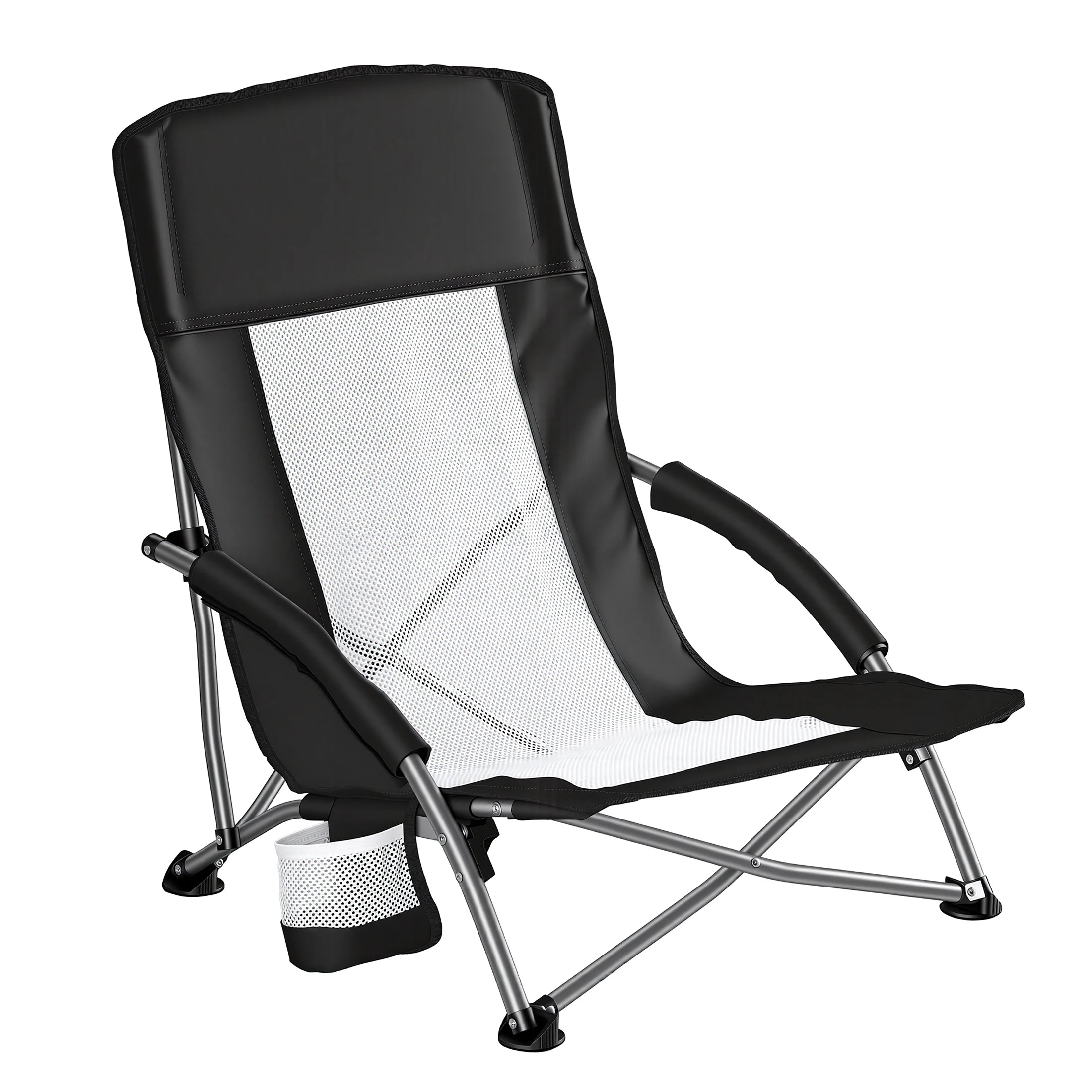 Portable Lightweight Low Camping Beach Chair Mesh Back Padded Armrests Folding Beach Chair with Cup Holder Storage Pocket for Camp Picnic Lawn
