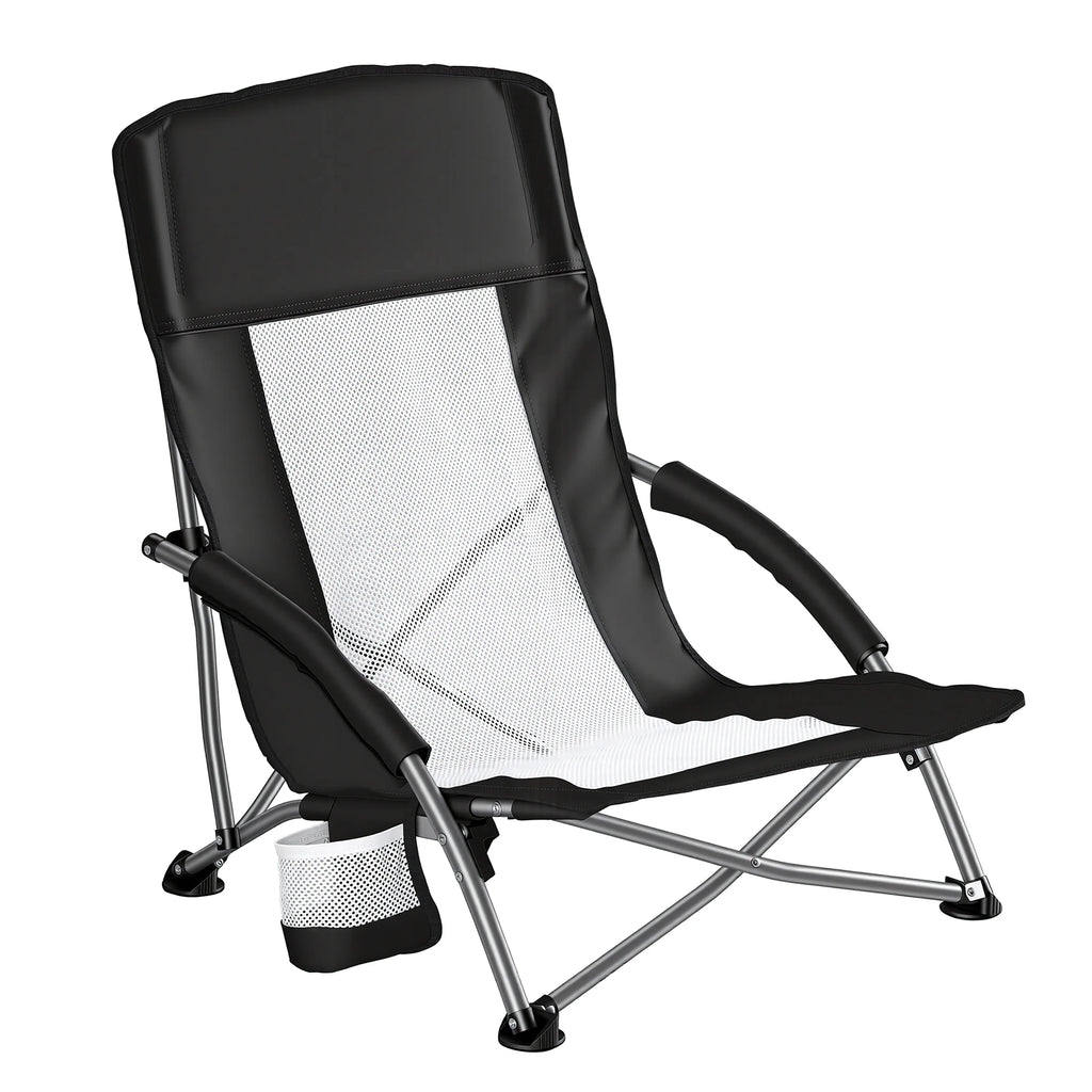 Portable Lightweight Low Camping Beach Chair Mesh Back Padded Armrests Folding Beach Chair with Cup Holder Storage Pocket for Camp Picnic Lawn