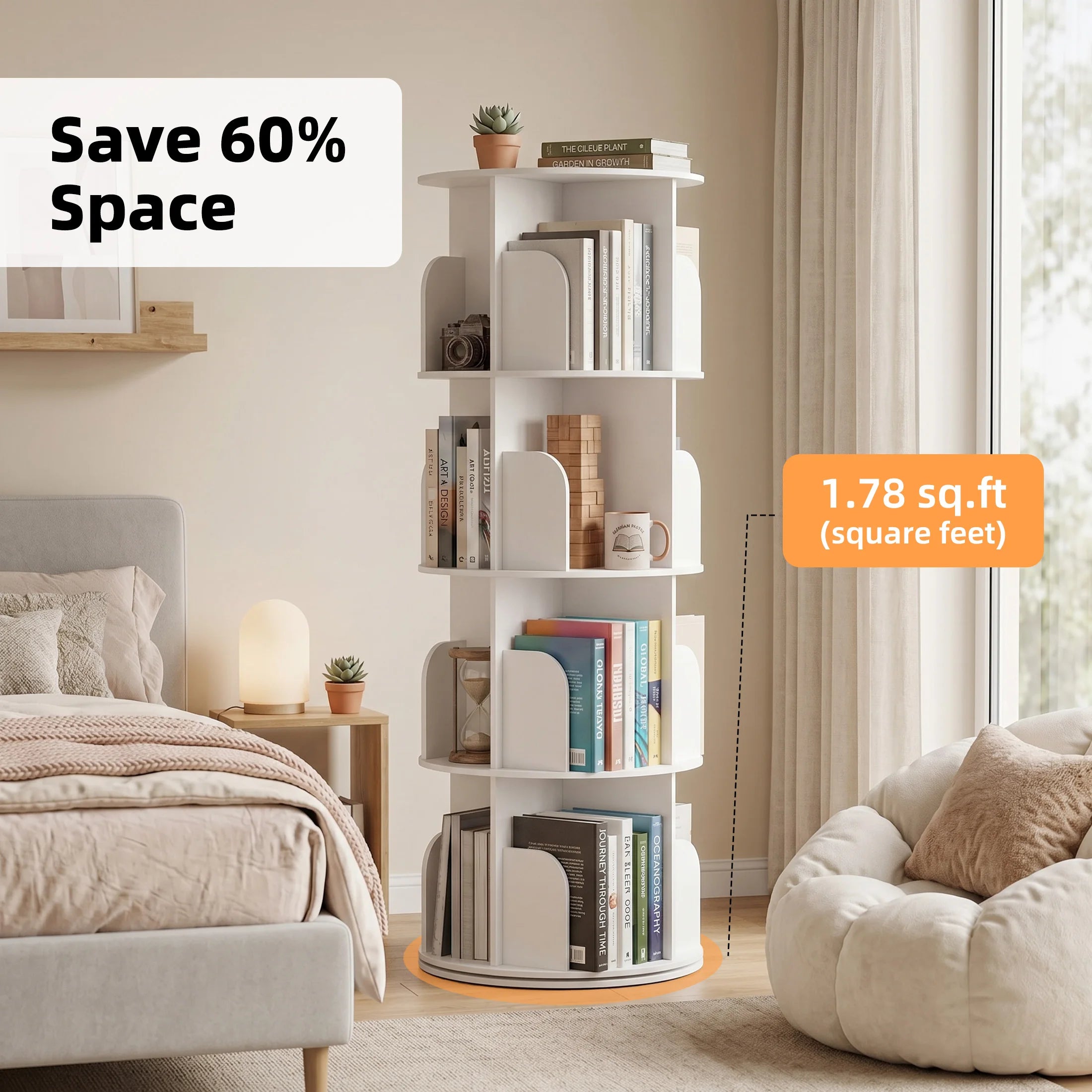 JHK 3-4 Tier Rotating Storage Bookshelf 360° Display Revolving Bookcase  Freestanding Vertical Corner Book Shelf for Bedroom Living Room