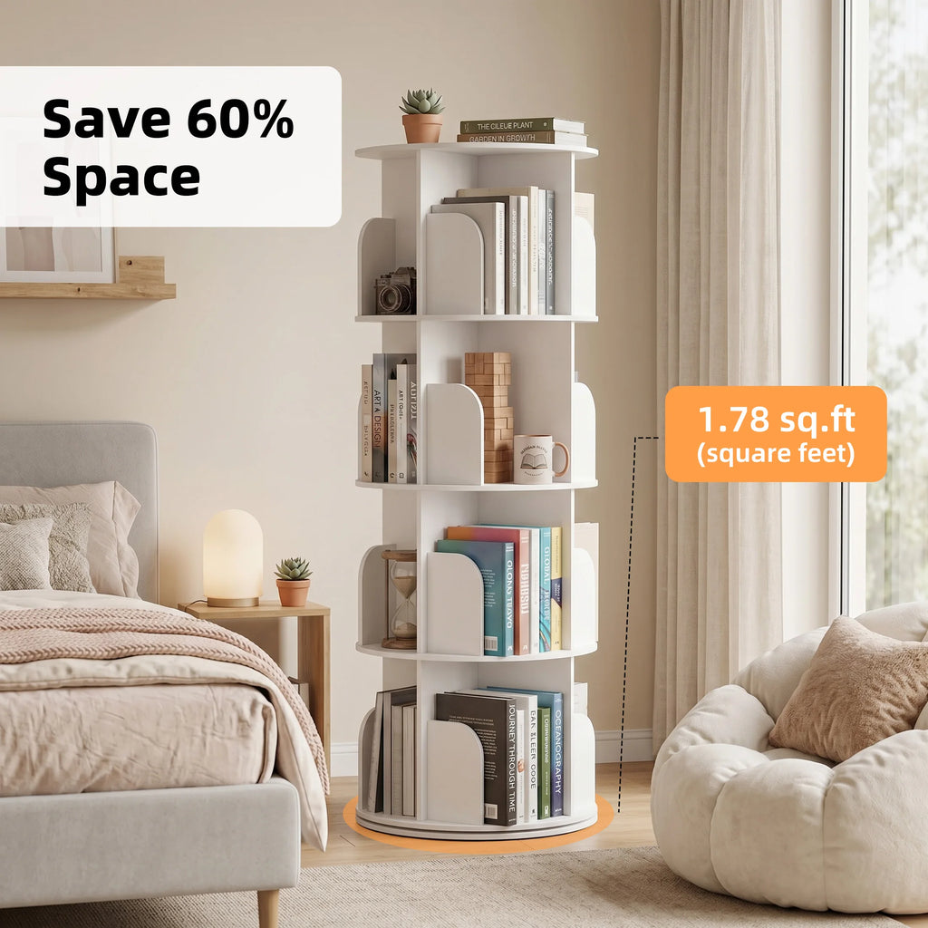JHK 3-4 Tier Rotating Storage Bookshelf 360° Display Revolving Bookcase  Freestanding Vertical Corner Book Shelf for Bedroom Living Room