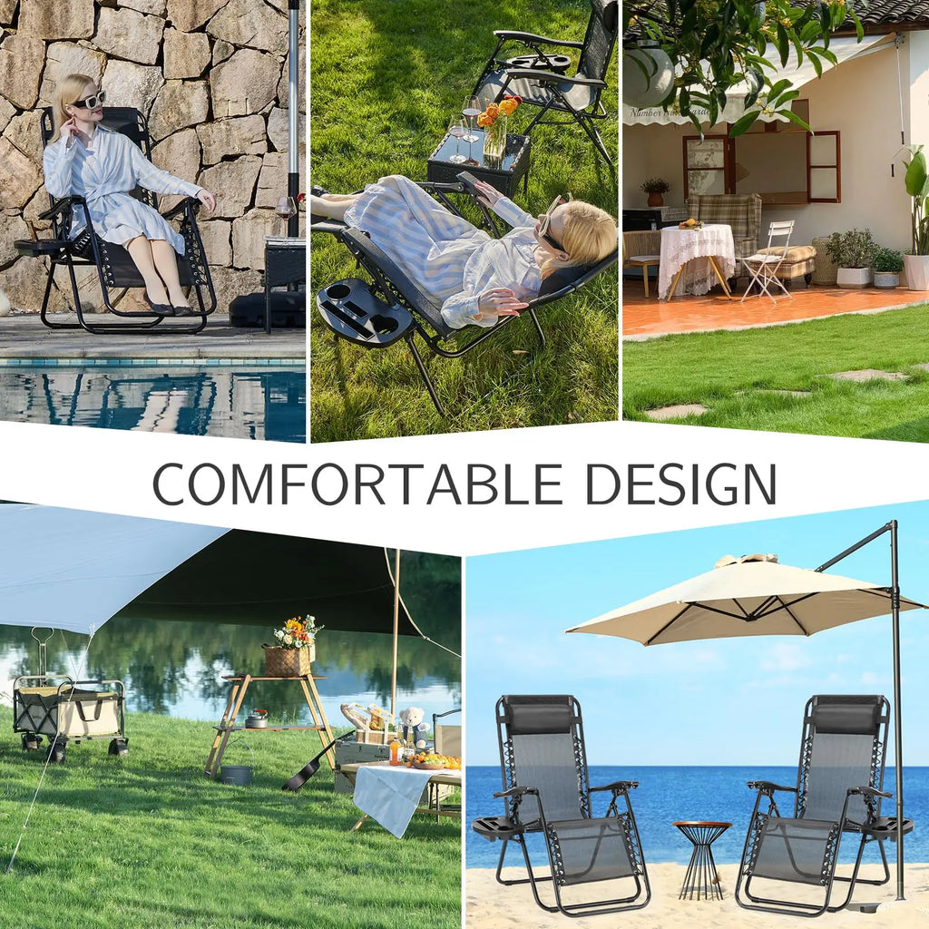 Set of 2 Zero Gravity Recliner Chair – Folding Portable Lounge for Camping, Patio & Outdoor Garden with Cup Holder Tray & Removable Cushion
