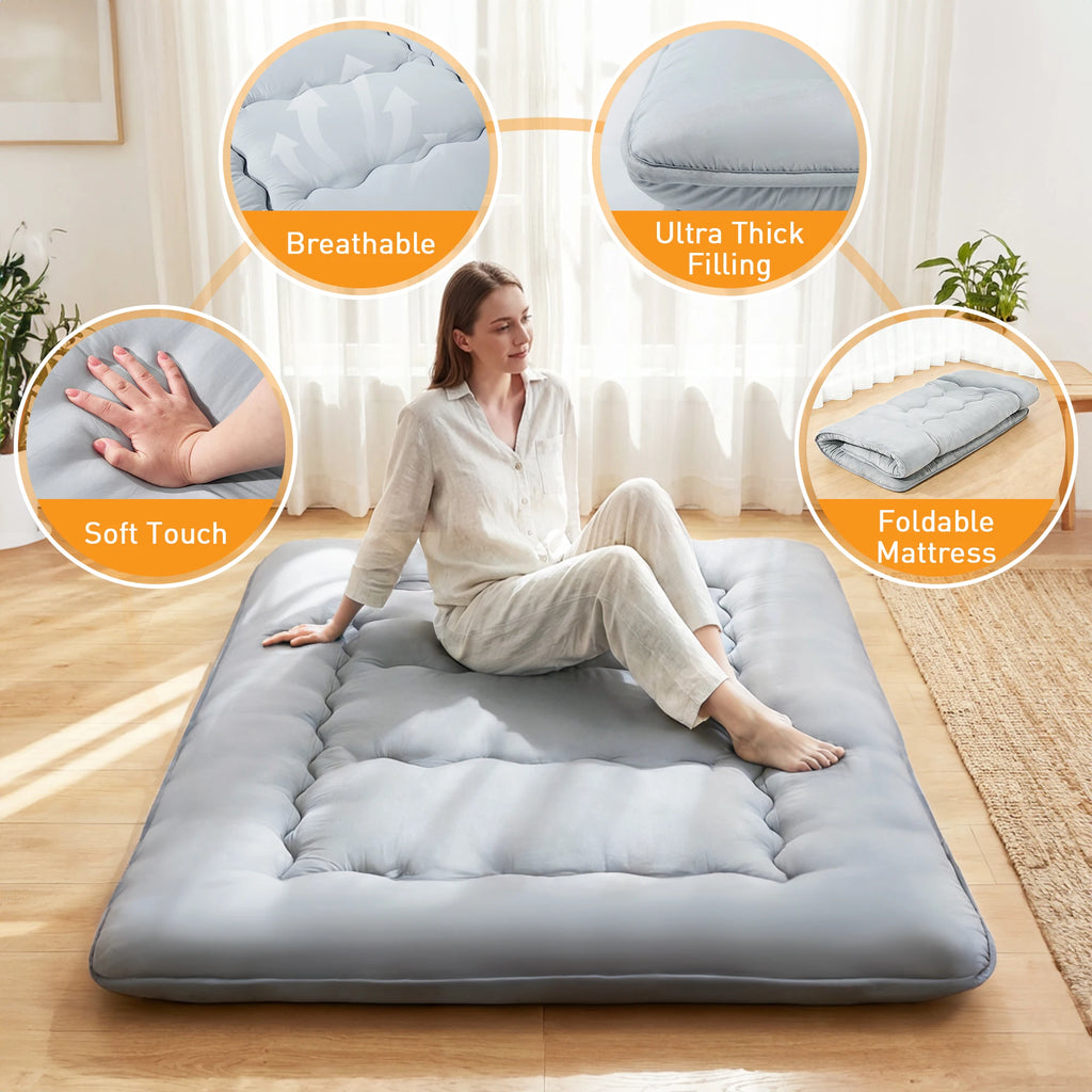 4 Inch Foldable Mattress Twin/Full/Queen - Soft Japanese Futon Floor Bed, Portable Roll Up Mattress with Washable Cover