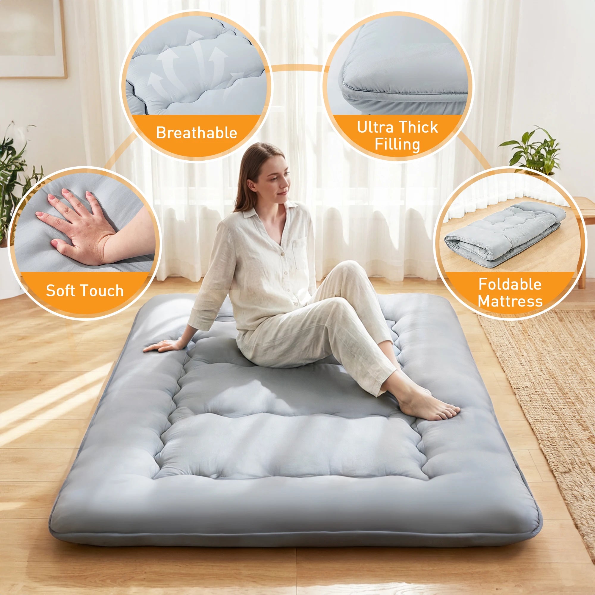 4 Inch Foldable Mattress Twin/Full/Queen - Soft Japanese Futon Floor Bed, Portable Roll Up Mattress with Washable Cover