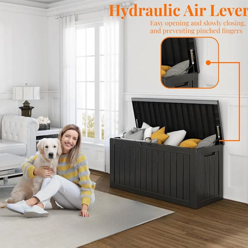 90 Gallon Outdoor Storage Box, Waterproof Resin Deck Box with Lockable Lid for Patio Furniture & Garden Tools