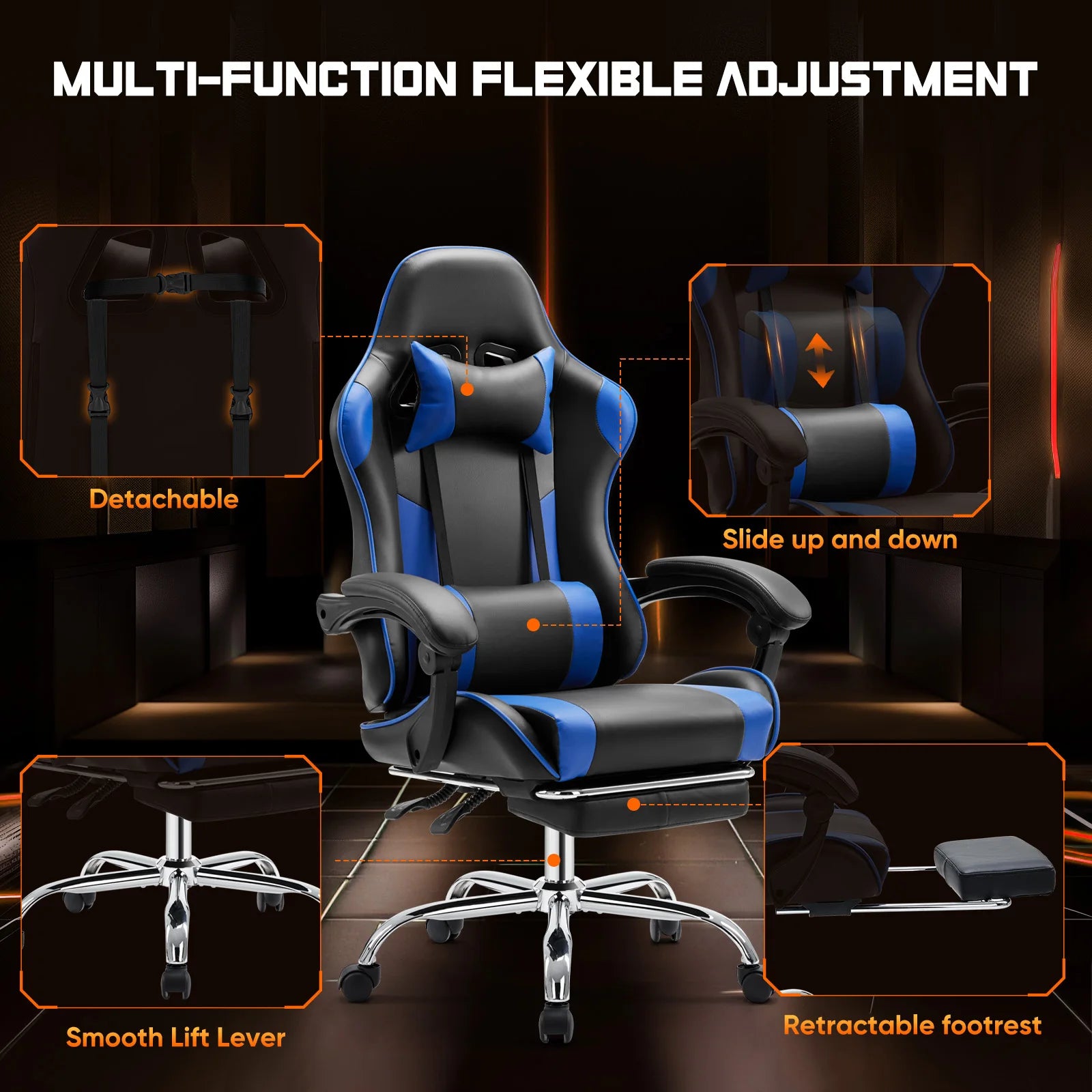 Ergonomic Racing Gaming Chair Adjustable Swivel PU Leather with Headrest and Lumbar Support For Office Computer Living Room