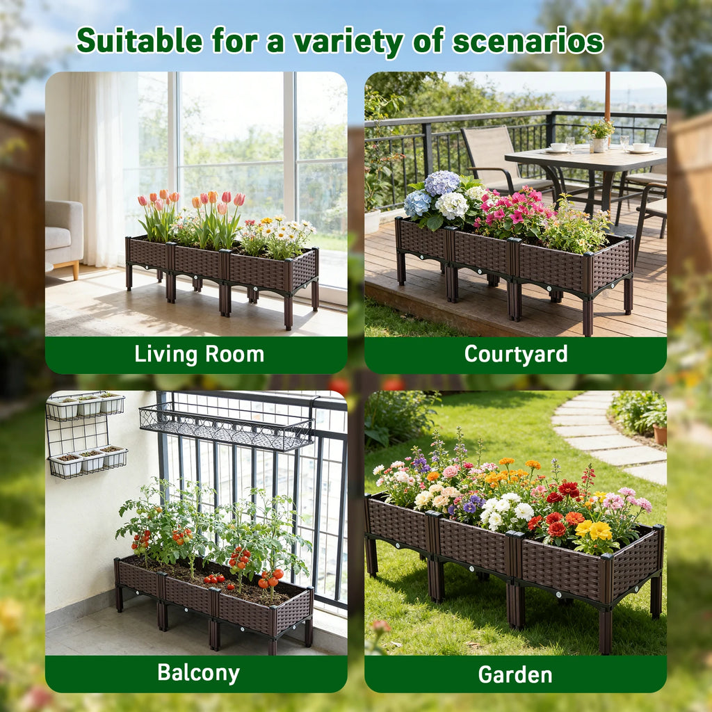 3pcs Vegetable Flower Raised Garden Container with Legs Elevated Planter Boxe withDrain Outlet for Indoor/Outdoor/Garden/Balcony