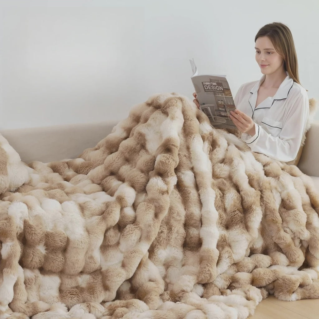 Bubble Fleece Blanket for Couch, Faux Rabbit Fur Throw Blanket, Soft Cozy Fluffy Decorative Blankets for Bed, Sofa